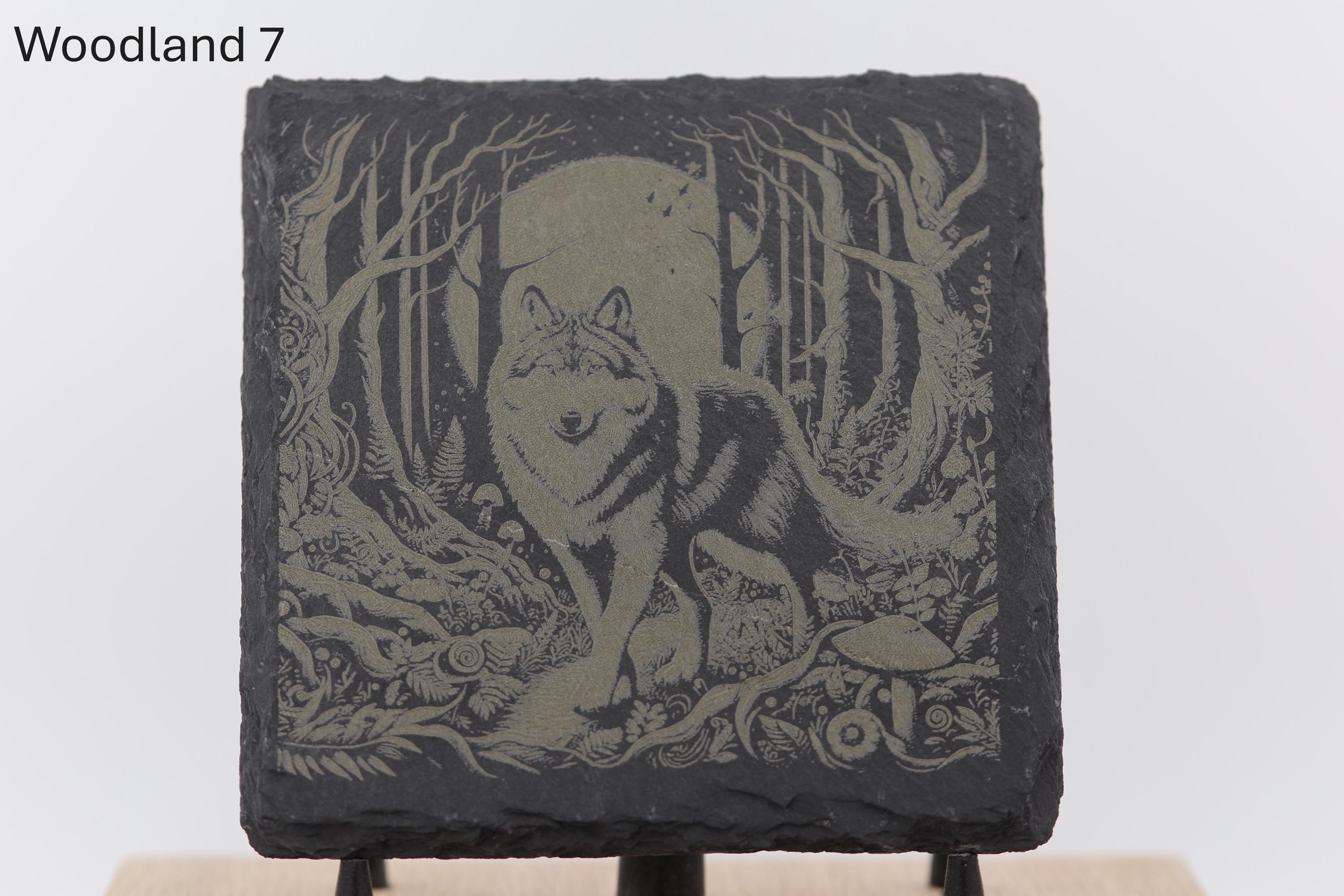 Laser engraved slate woodland coasters: rustic home bar decor