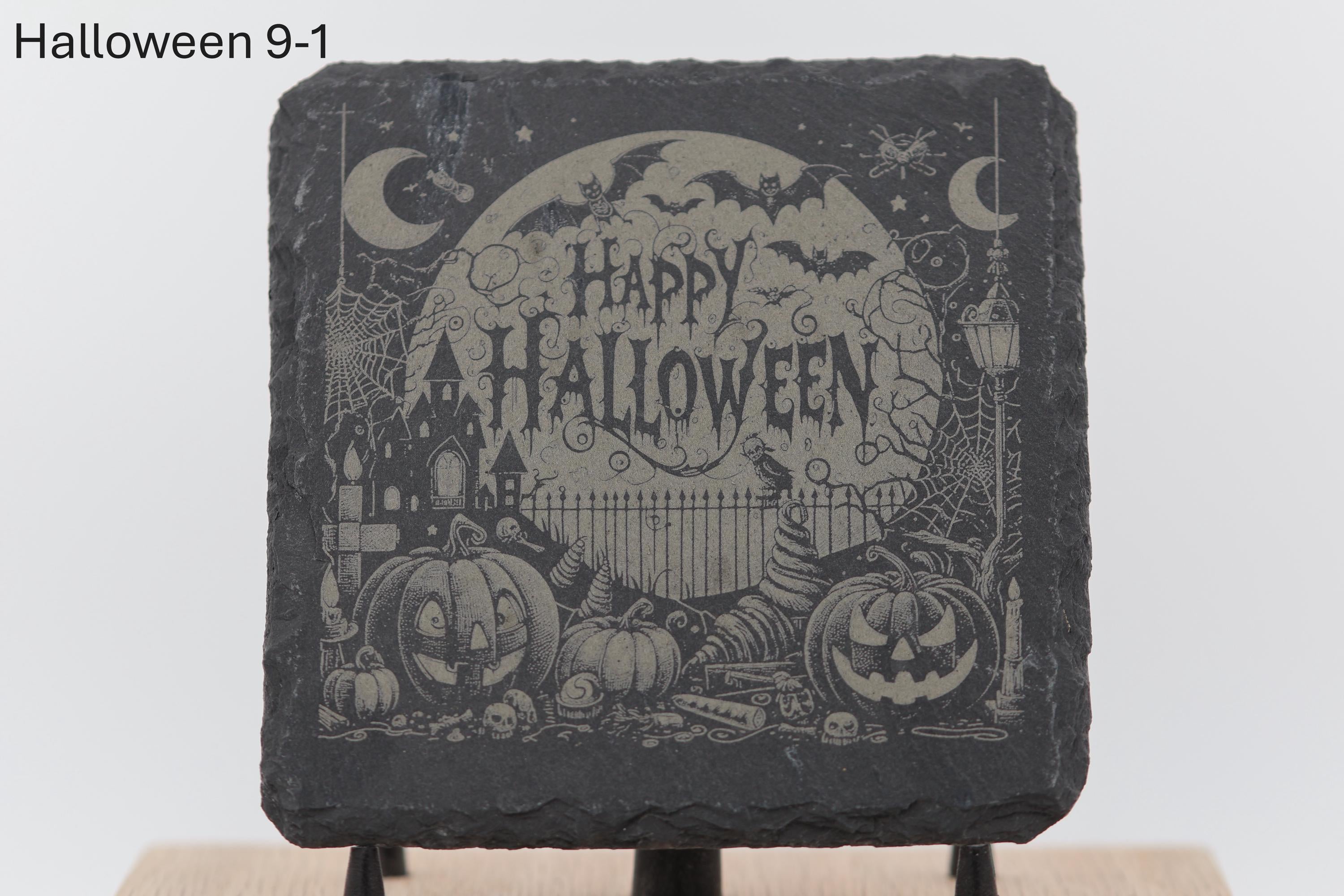 Laser engraved halloween slate coasters: home bar gift