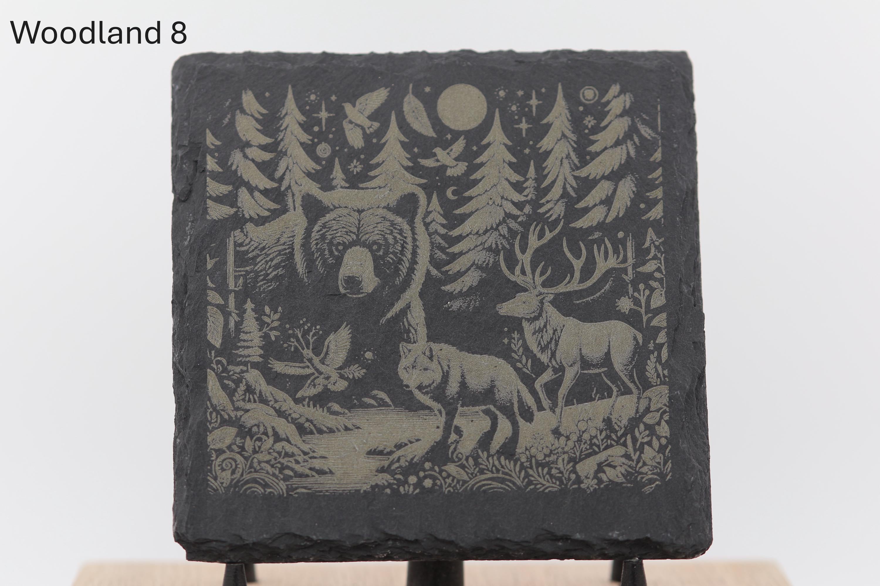 Laser engraved slate woodland coasters: rustic home bar decor