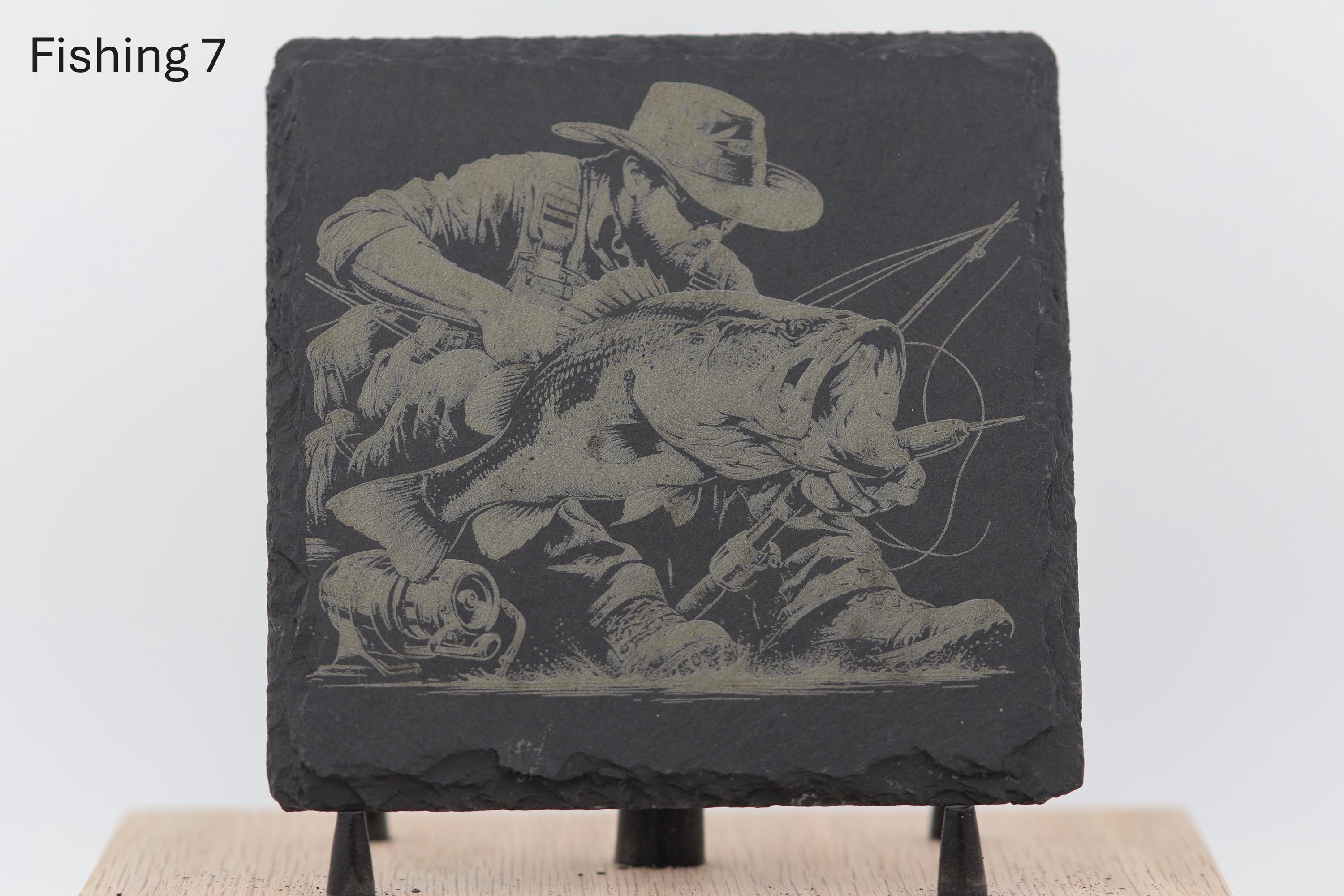 Laser engraved fishing slate coasters: angler gift, cabin decor