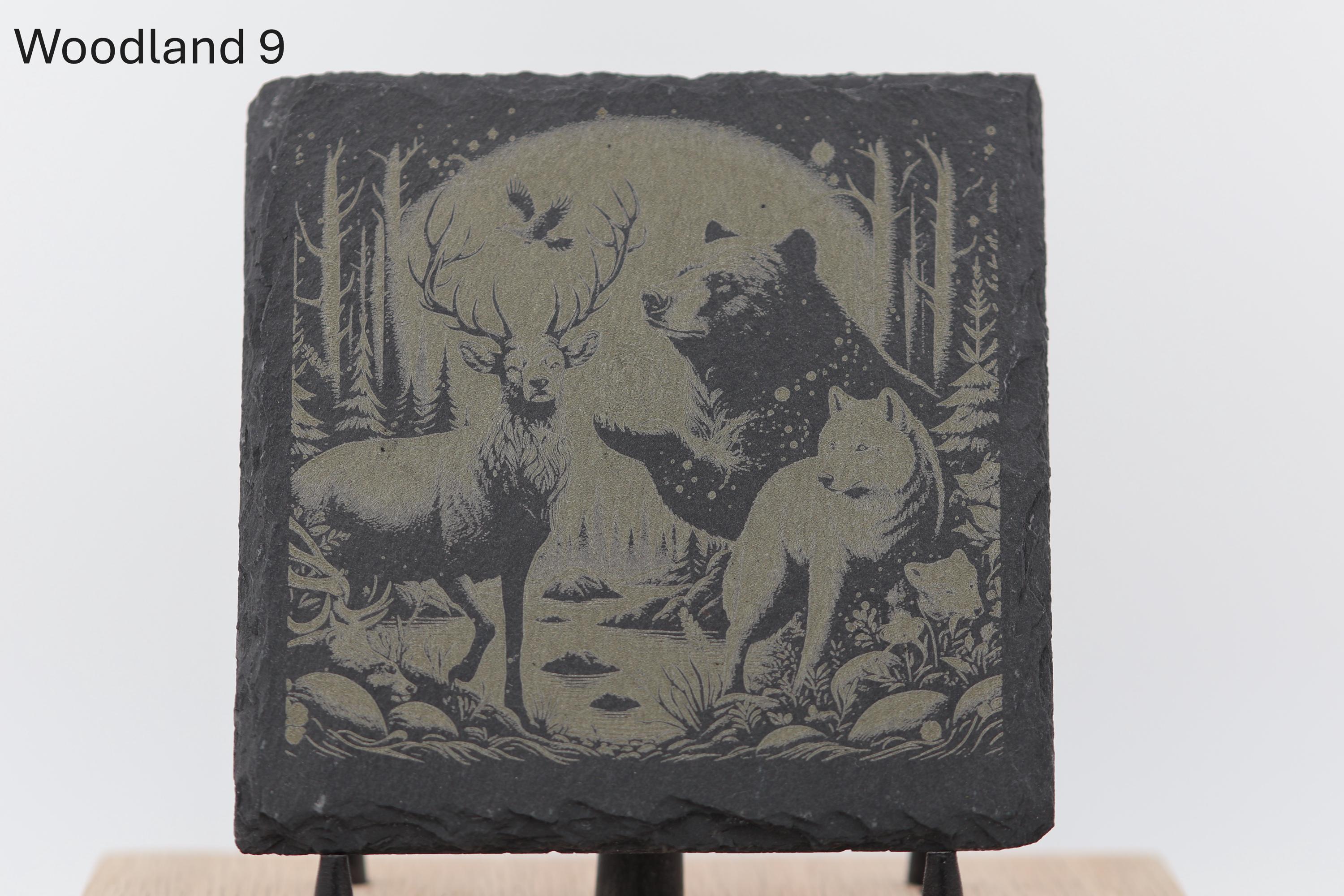 Laser engraved slate woodland coasters: rustic home bar decor