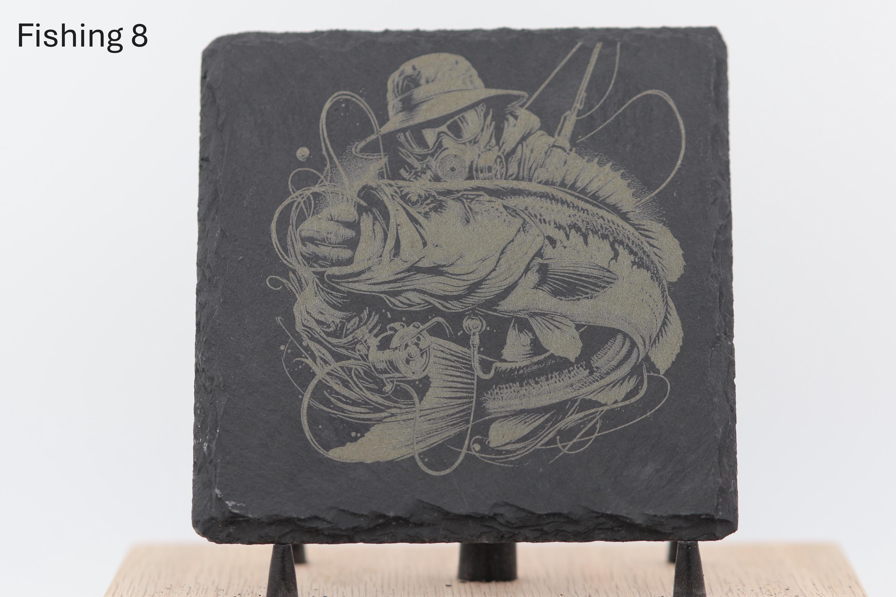 Laser engraved fishing slate coasters: angler gift, cabin decor