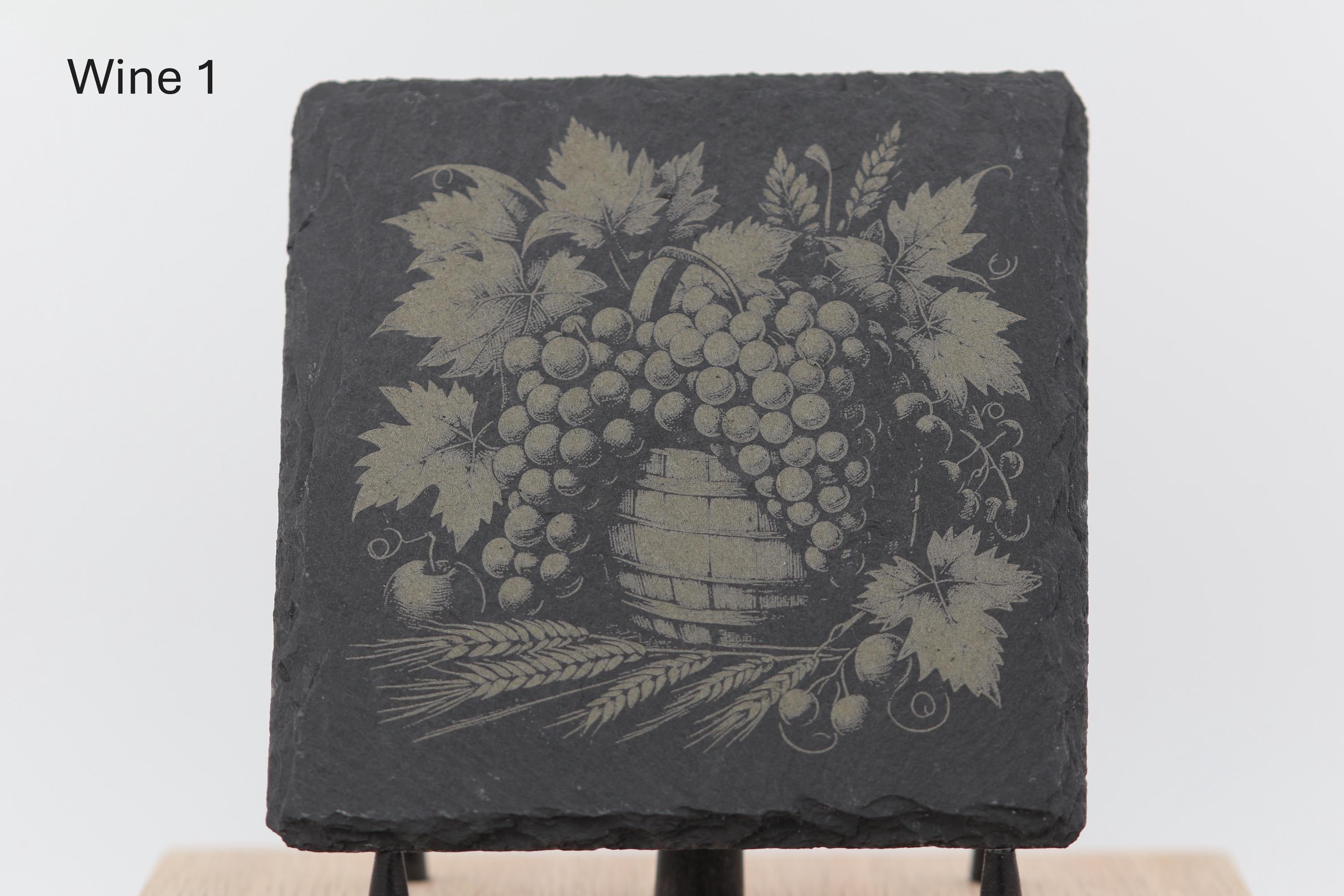 Laser engraved slate wine coasters: rustic home bar decor