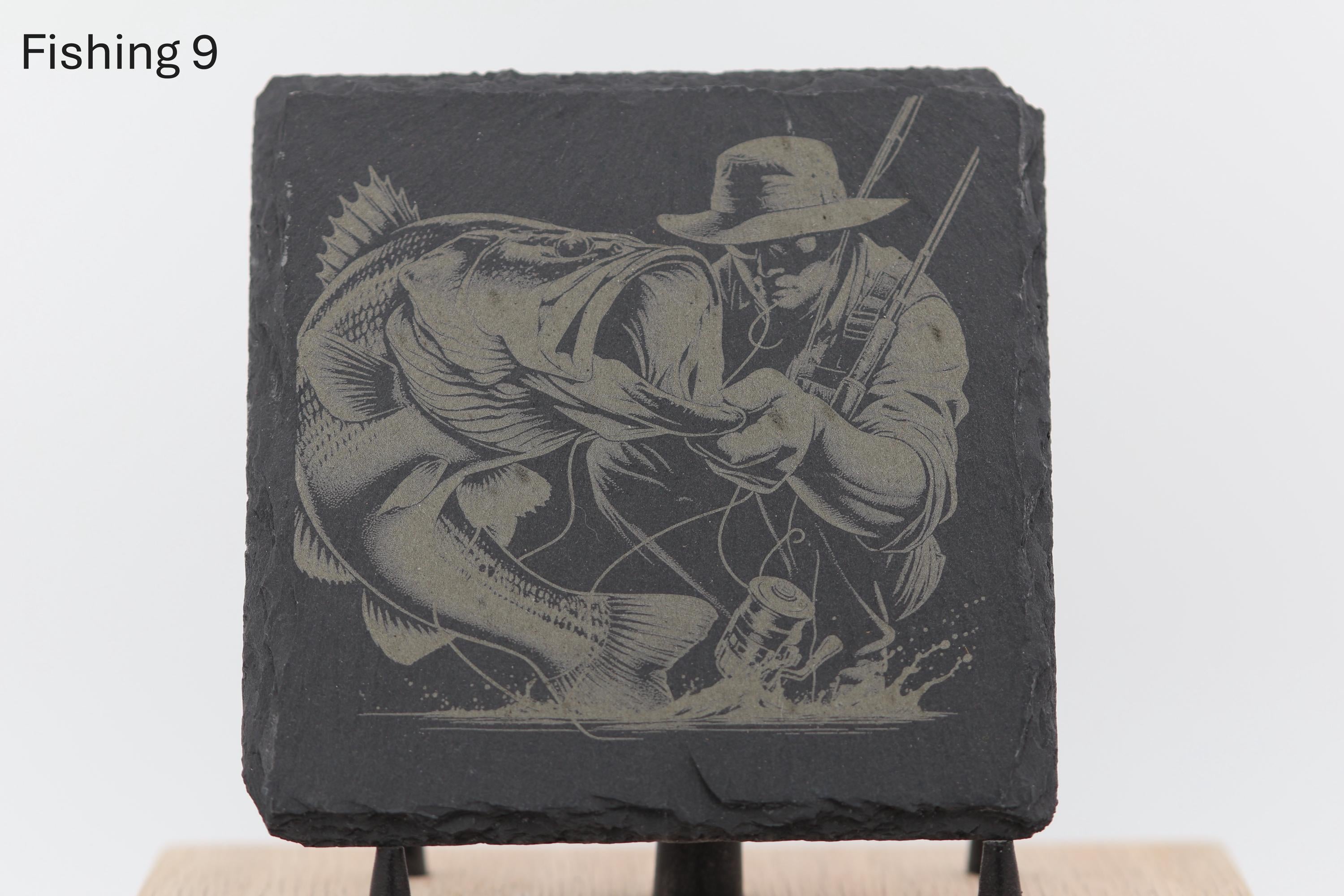 Laser engraved fishing slate coasters: angler gift, cabin decor
