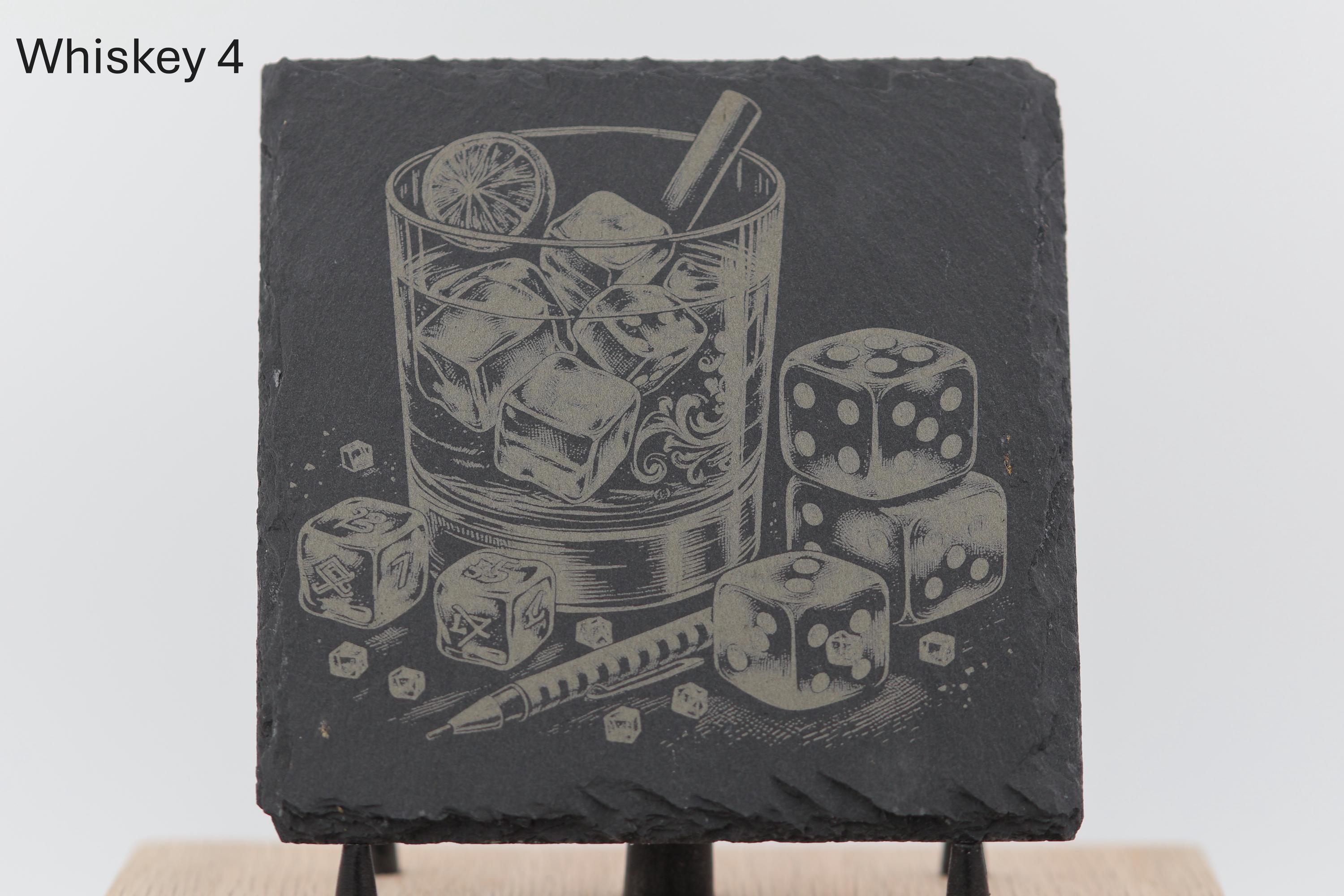 Laser engraved slate whiskey coasters: pick & choose home bar decor