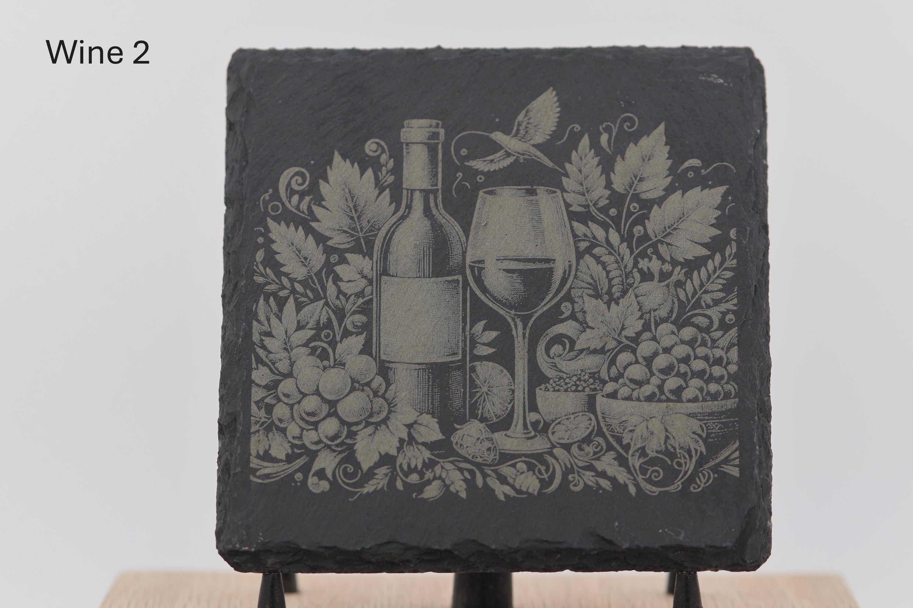 Laser engraved slate wine coasters: rustic home bar decor