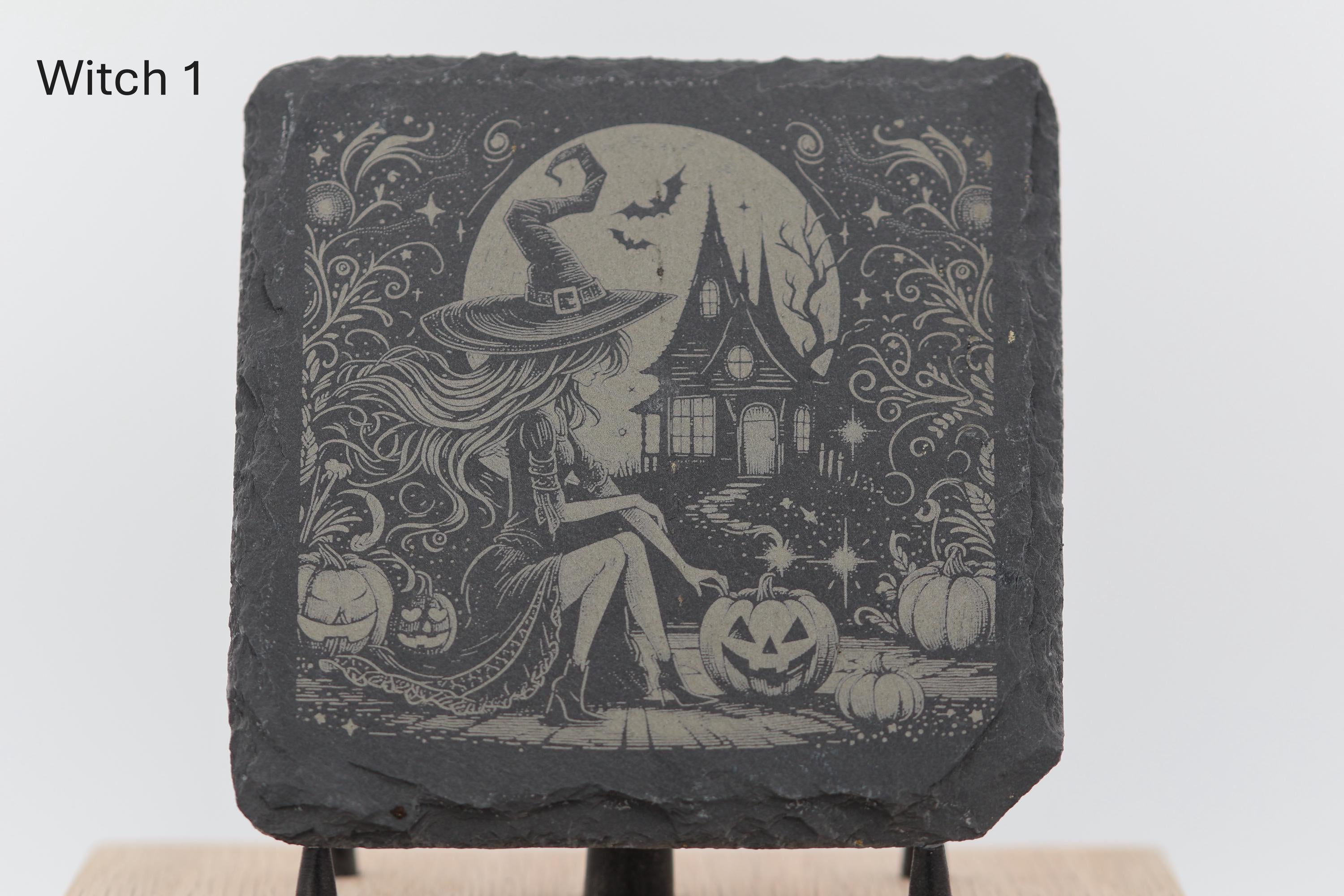 Laser engraved slate coasters - witches series - home bar gift
