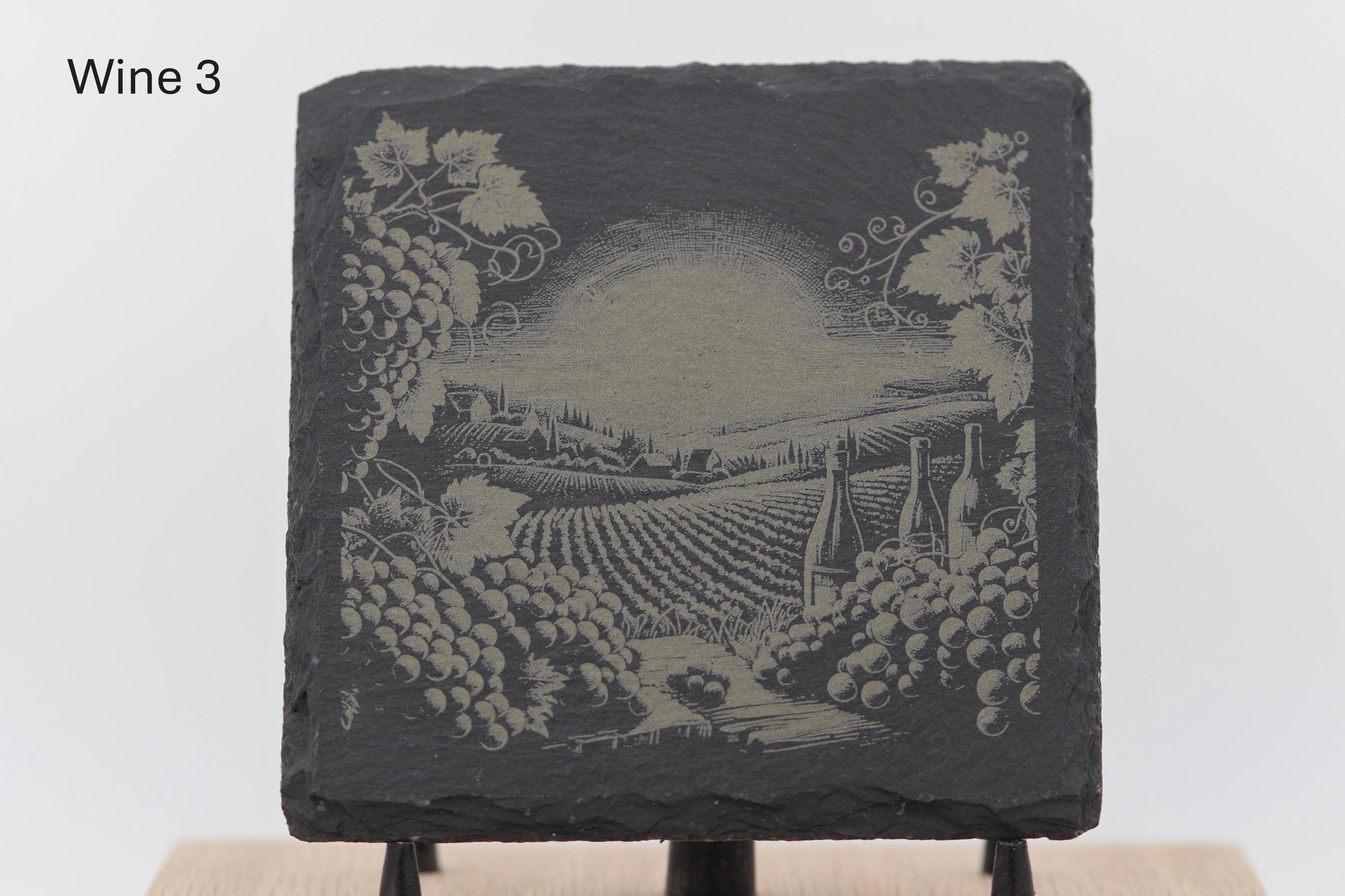Laser engraved slate wine coasters: rustic home bar decor