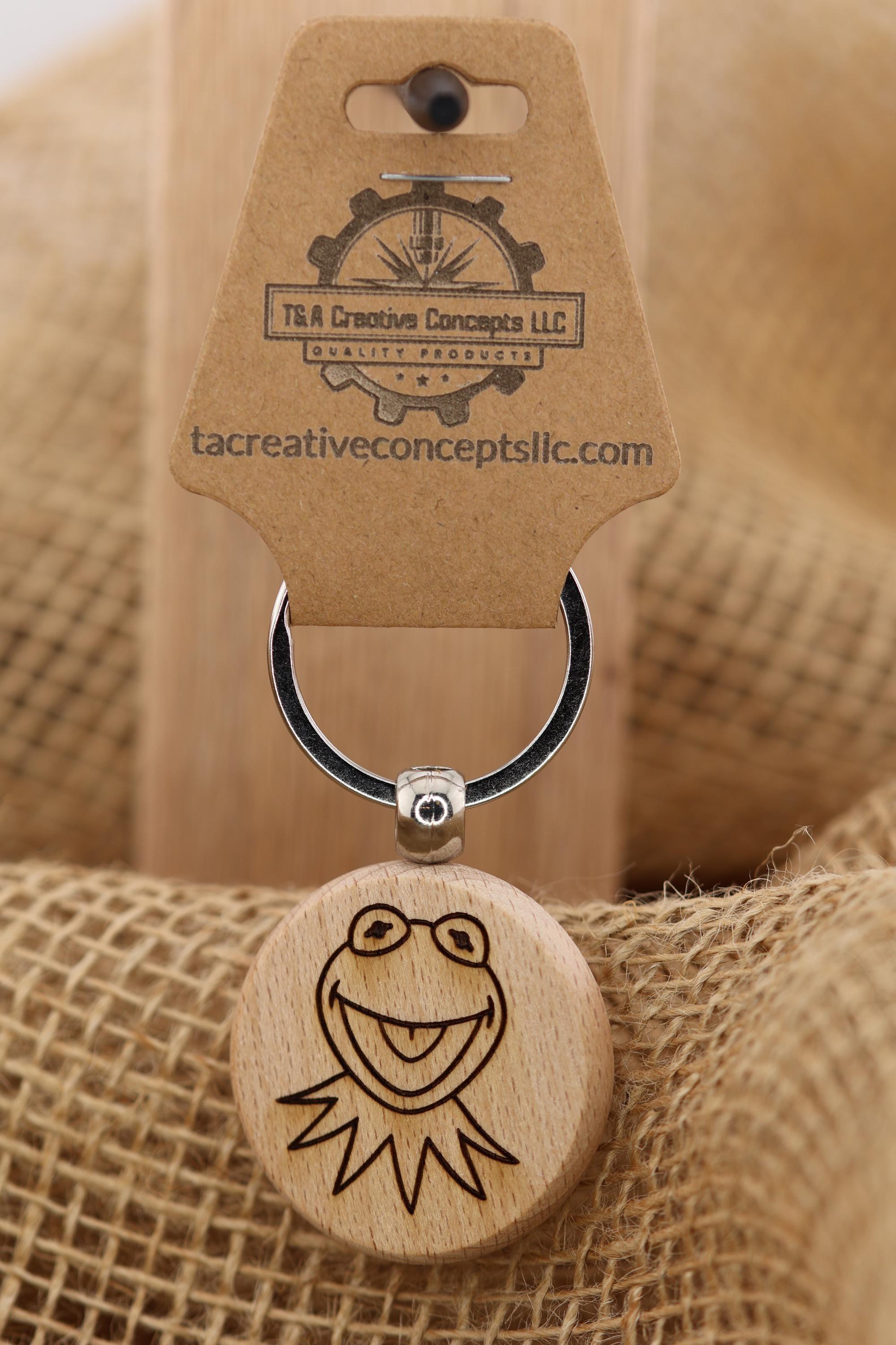Laser engraved Kermit the Frog keychain / bag charm: double-sided hardwood, stainless steel keyring