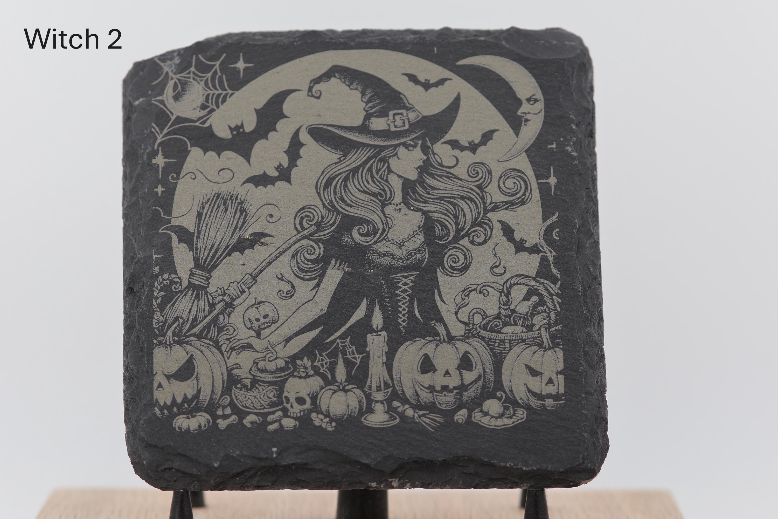 Laser engraved slate coasters - witches series - home bar gift