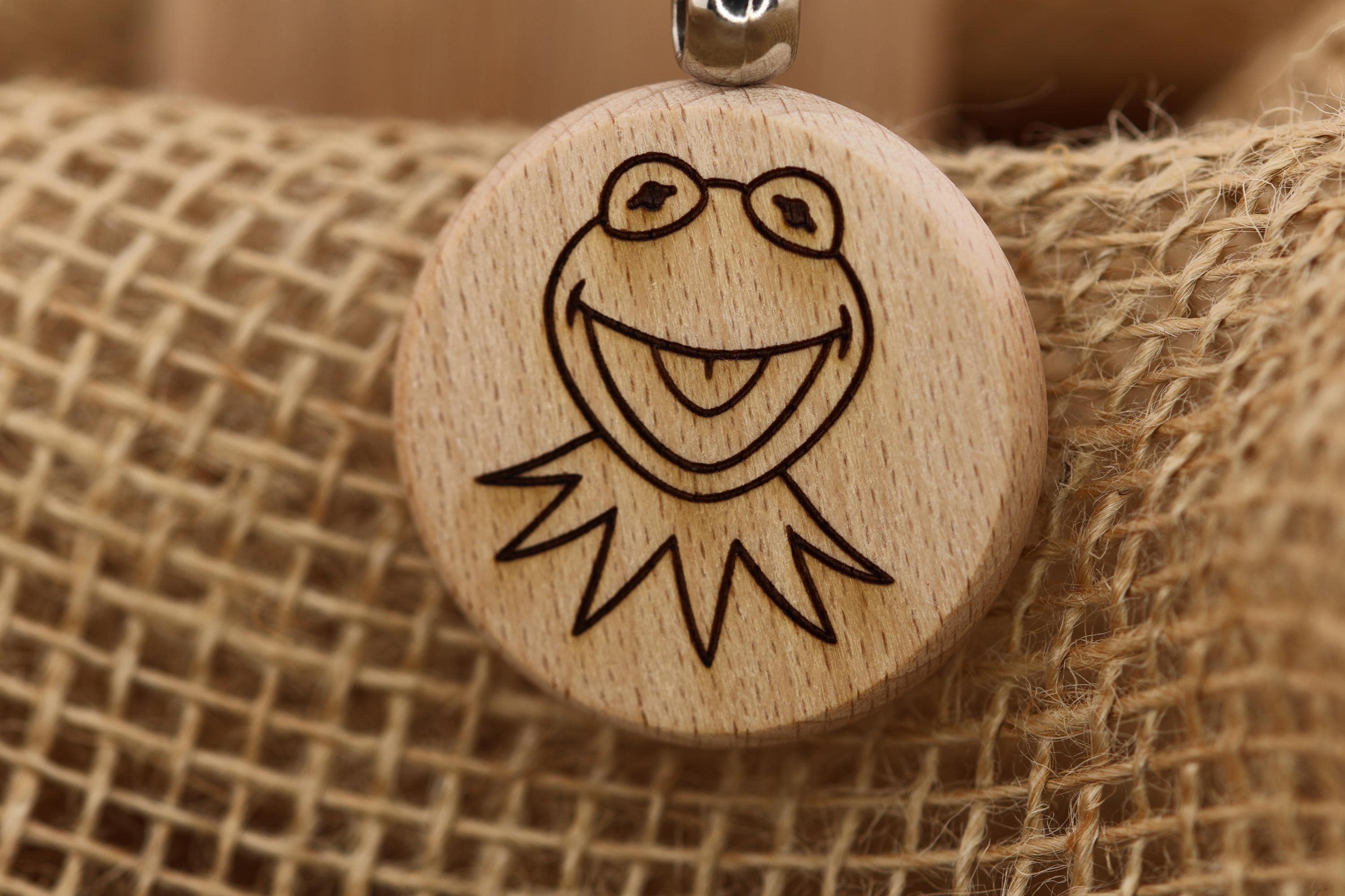 Laser engraved Kermit the Frog keychain / bag charm: double-sided hardwood, stainless steel keyring