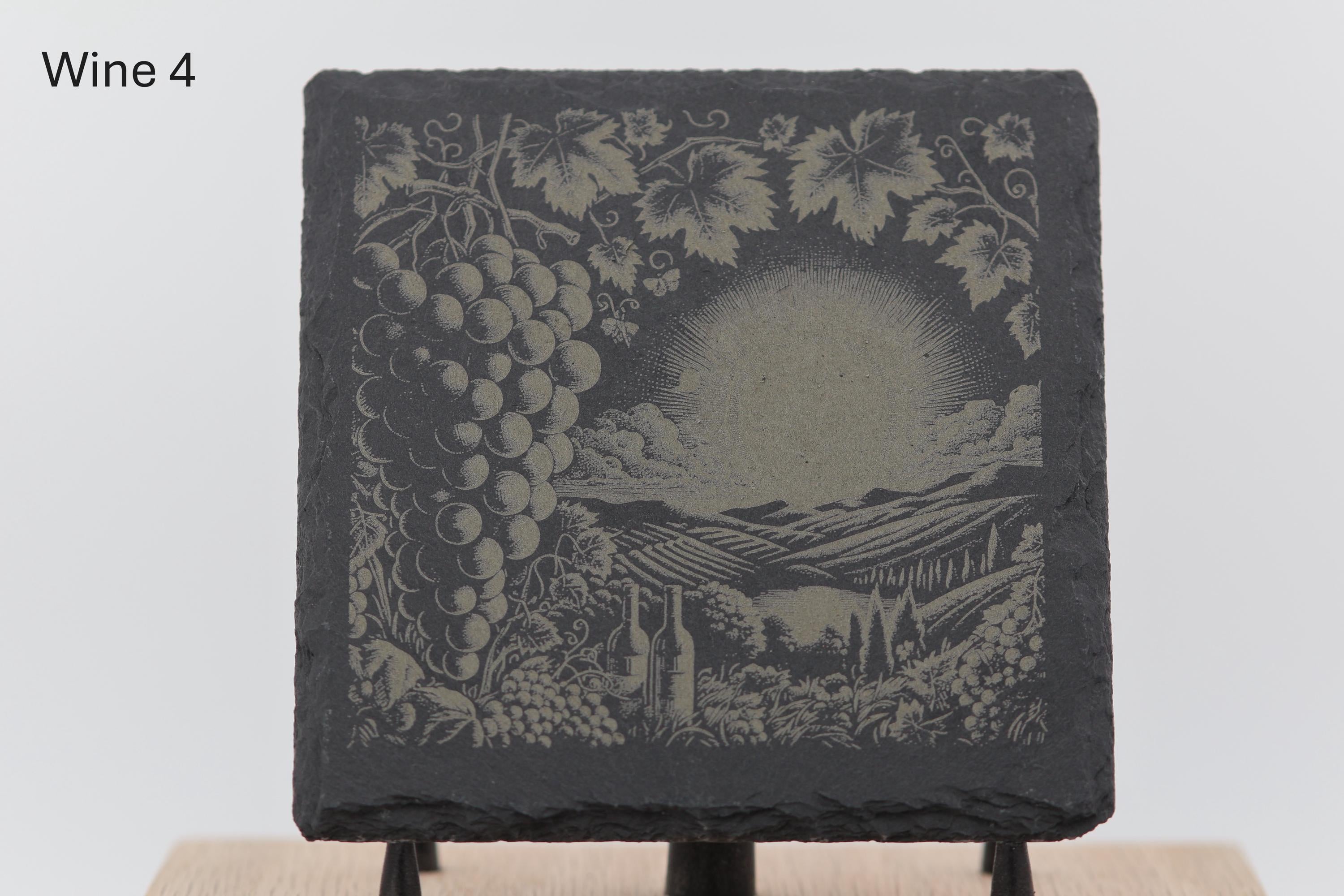 Laser engraved slate wine coasters: rustic home bar decor