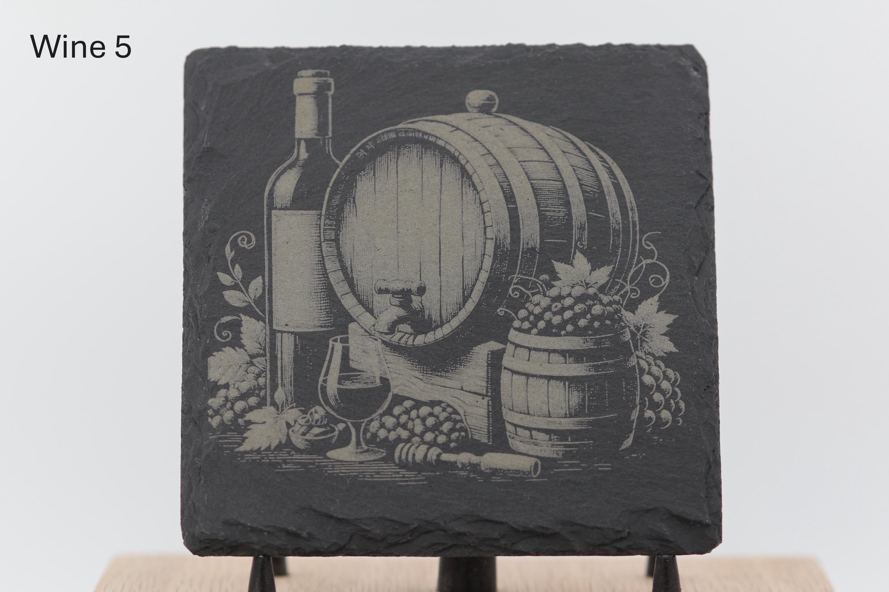 Laser engraved slate wine coasters: rustic home bar decor