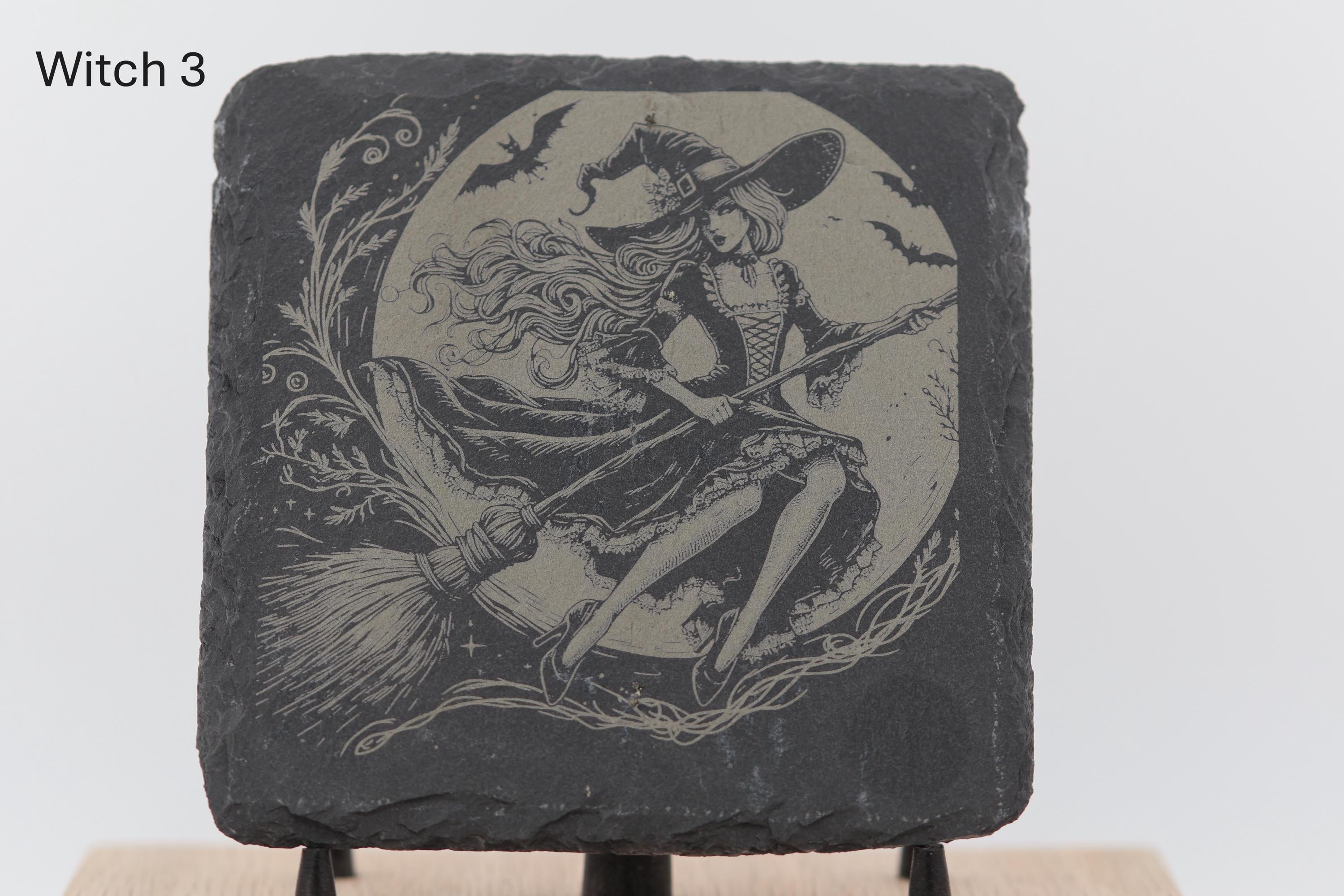 Laser engraved slate coasters - witches series - home bar gift