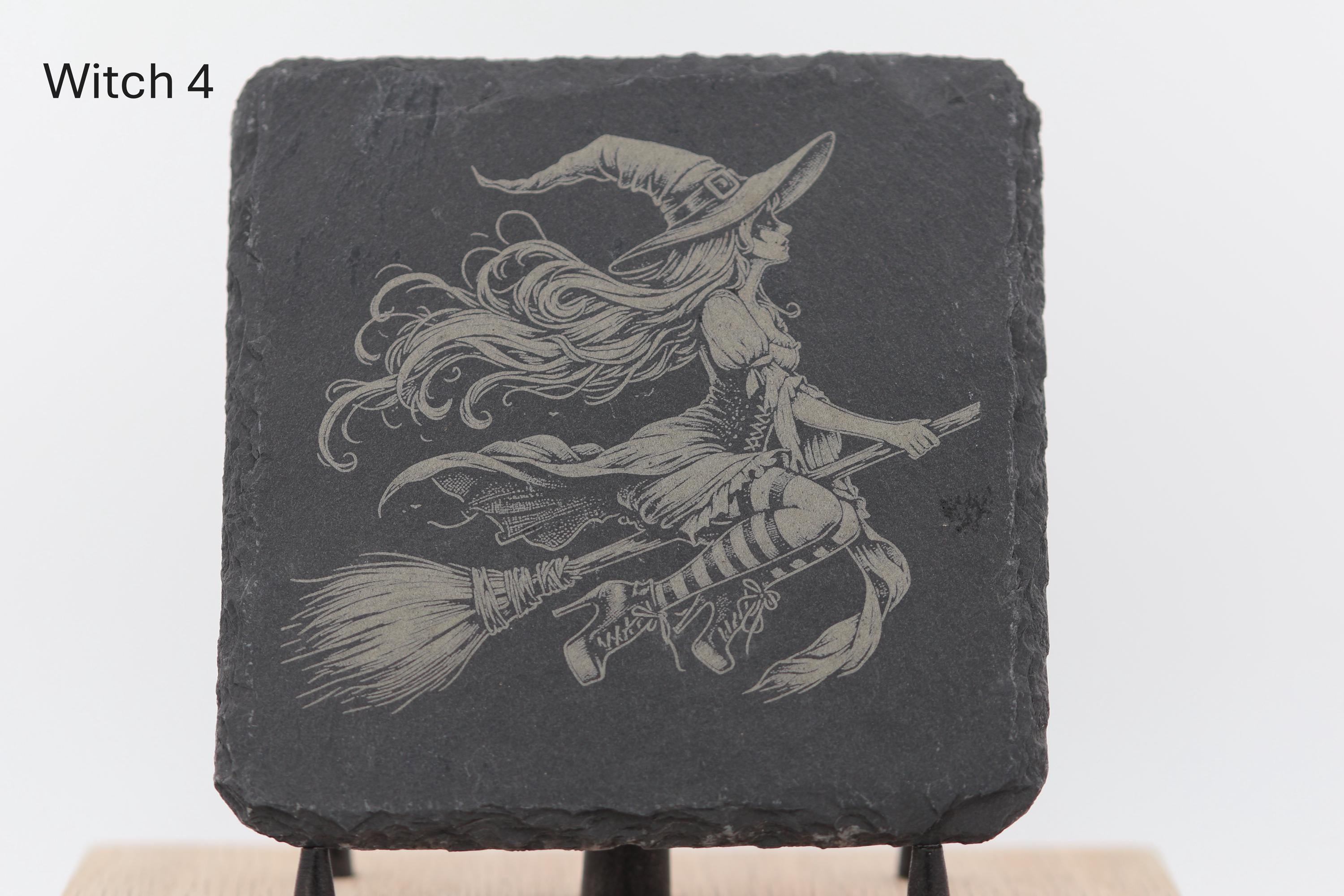 Laser engraved slate coasters - witches series - home bar gift