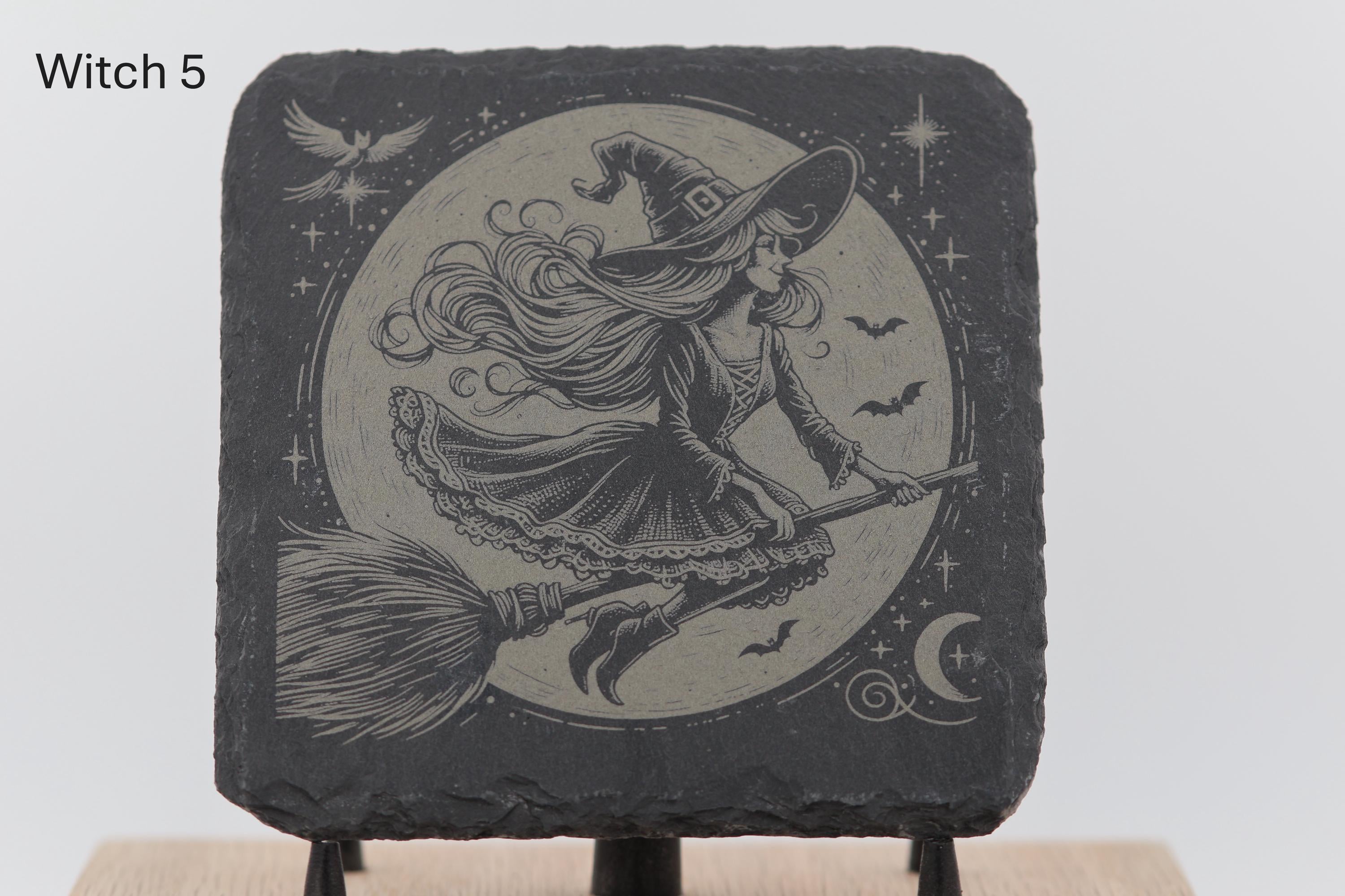 Laser engraved slate coasters - witches series - home bar gift