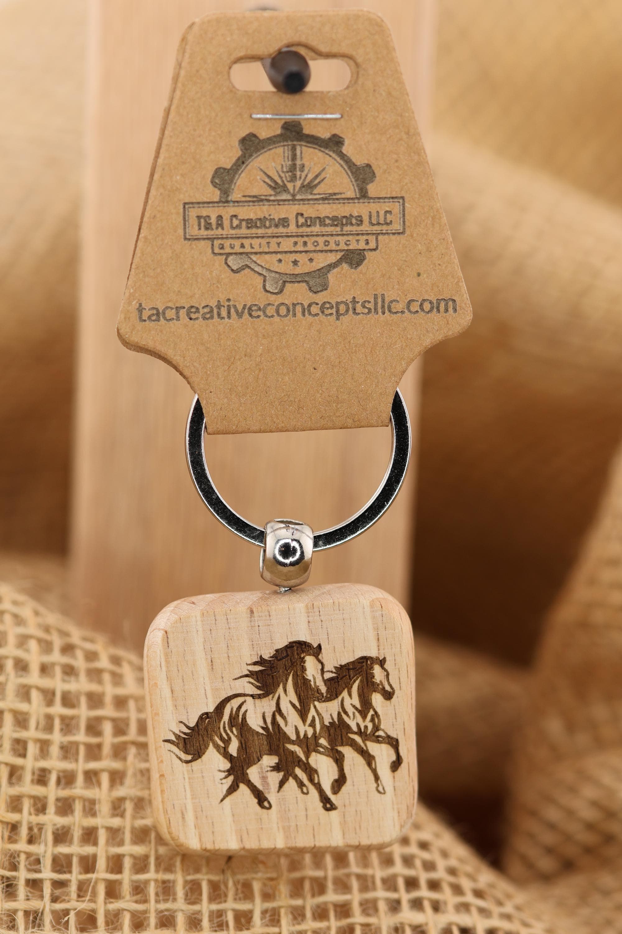 Laser engraved wild horses keychain / bag charm: hardwood & stainless steel