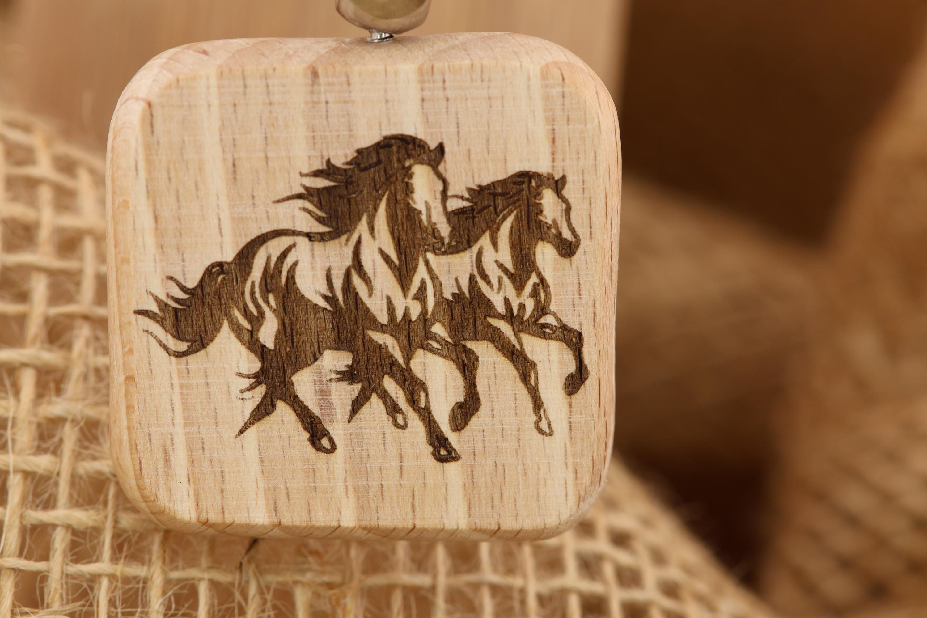 Laser engraved wild horses keychain / bag charm: hardwood & stainless steel