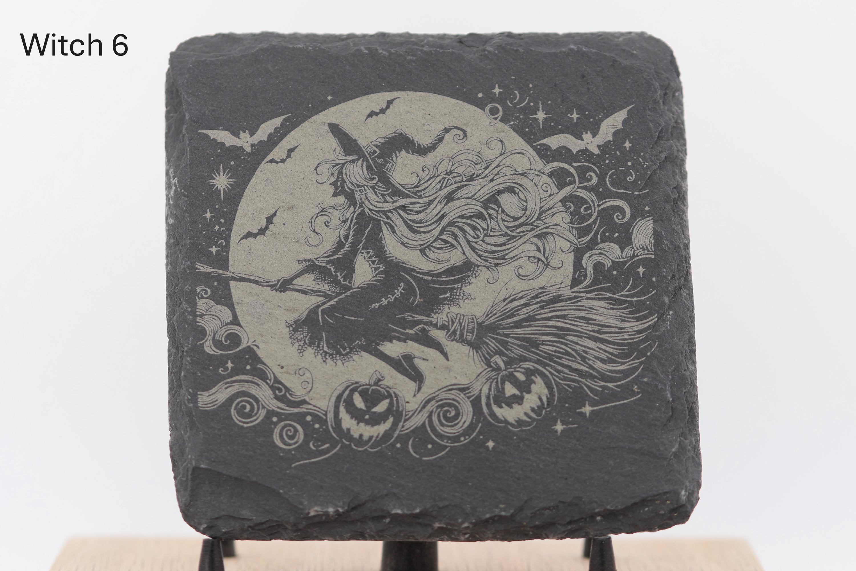 Laser engraved slate coasters - witches series - home bar gift