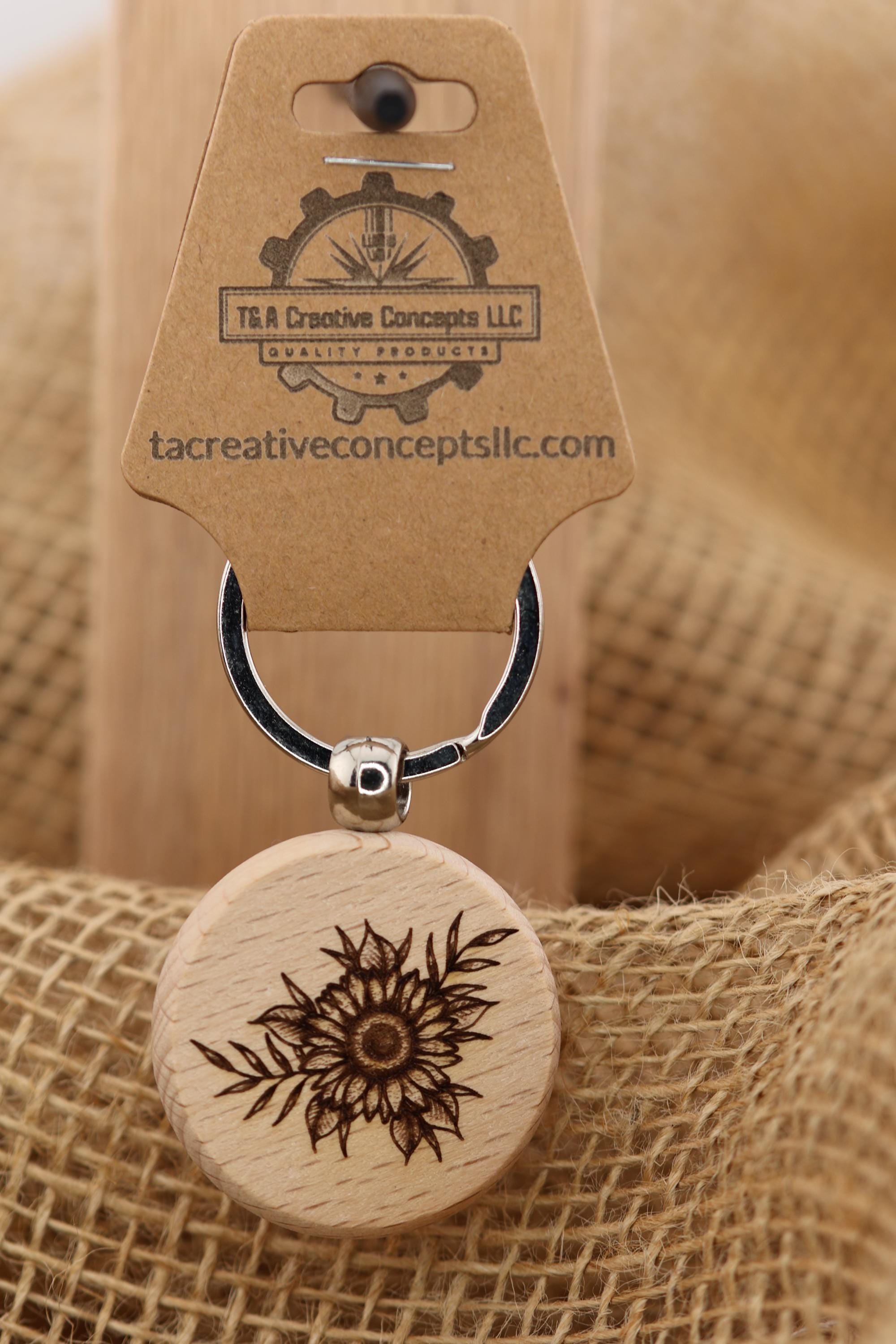 Laser engraved sunflower keychain / bag charm: double-sided hardwood with stainless steel keyring