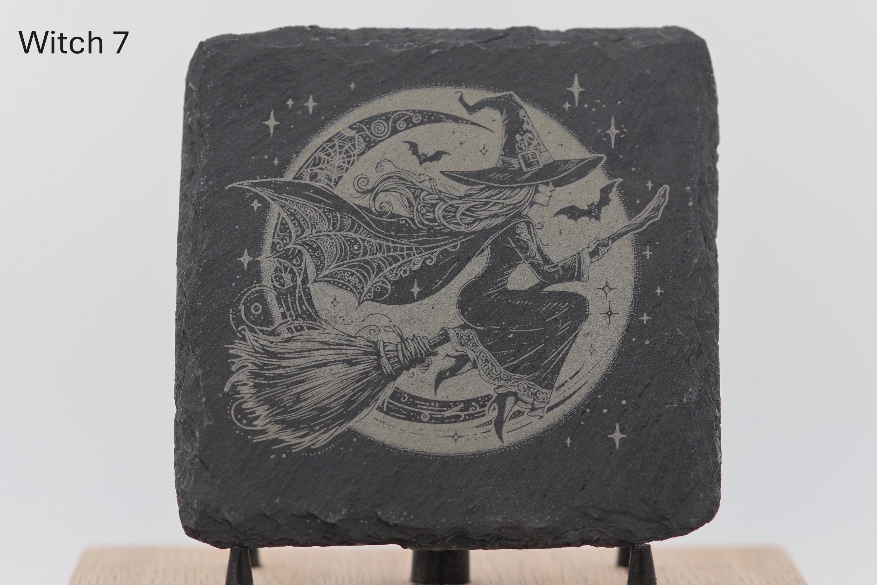 Laser engraved slate coasters - witches series - home bar gift