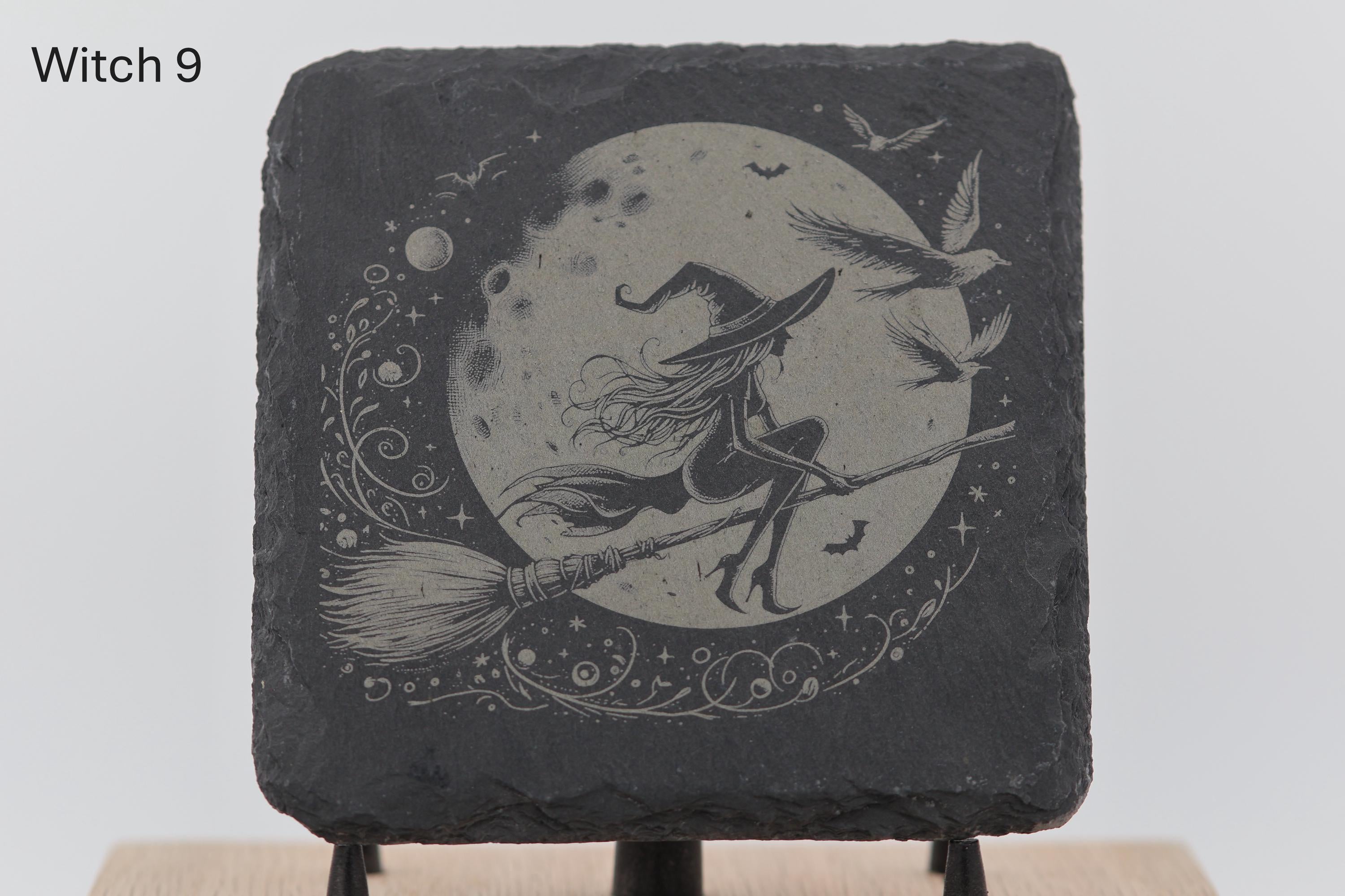 Laser engraved slate coasters - witches series - home bar gift