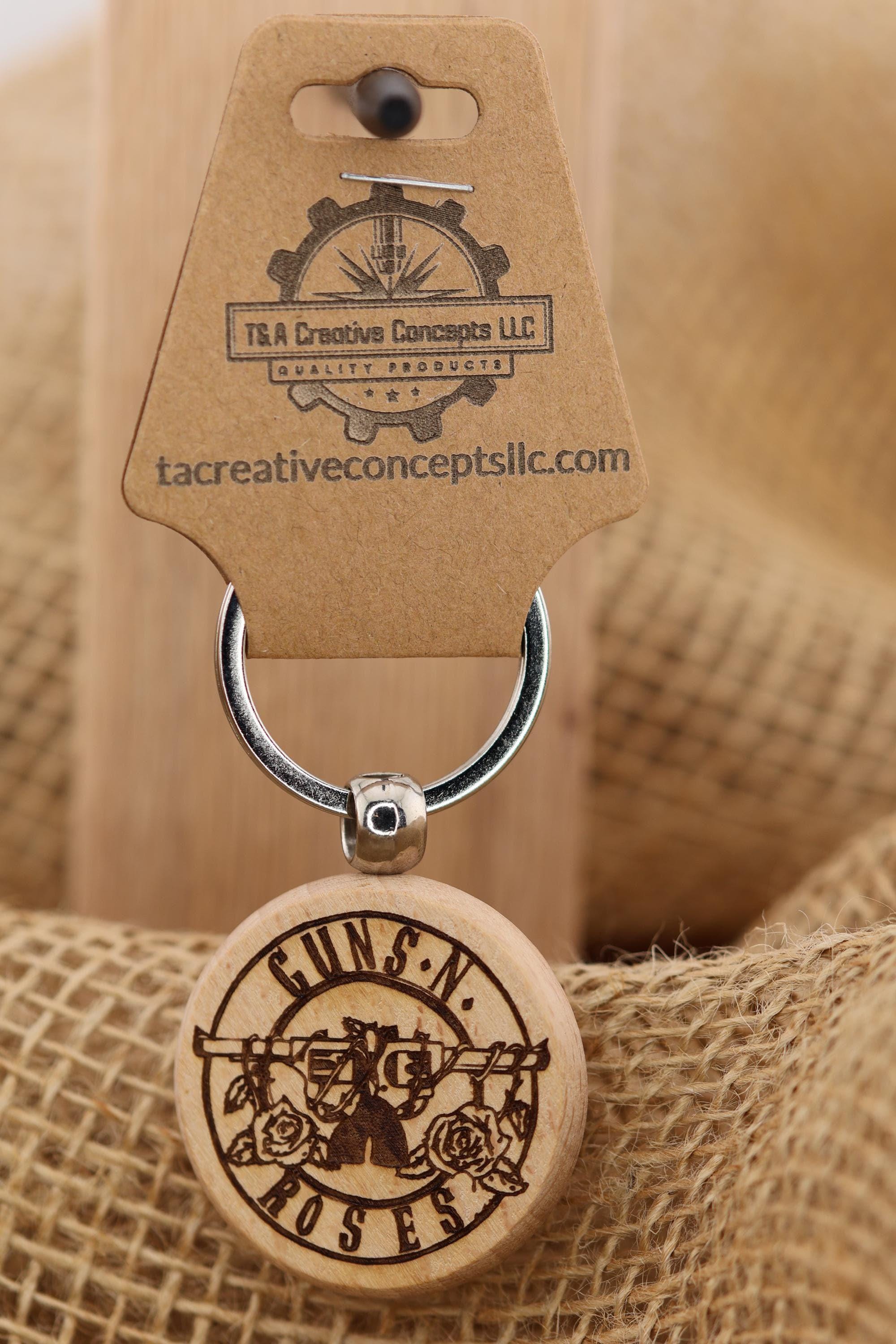Guns n’ roses keychain / bag charm – double-sided laser engraved wood with stainless steel keyring, rock band fan gift