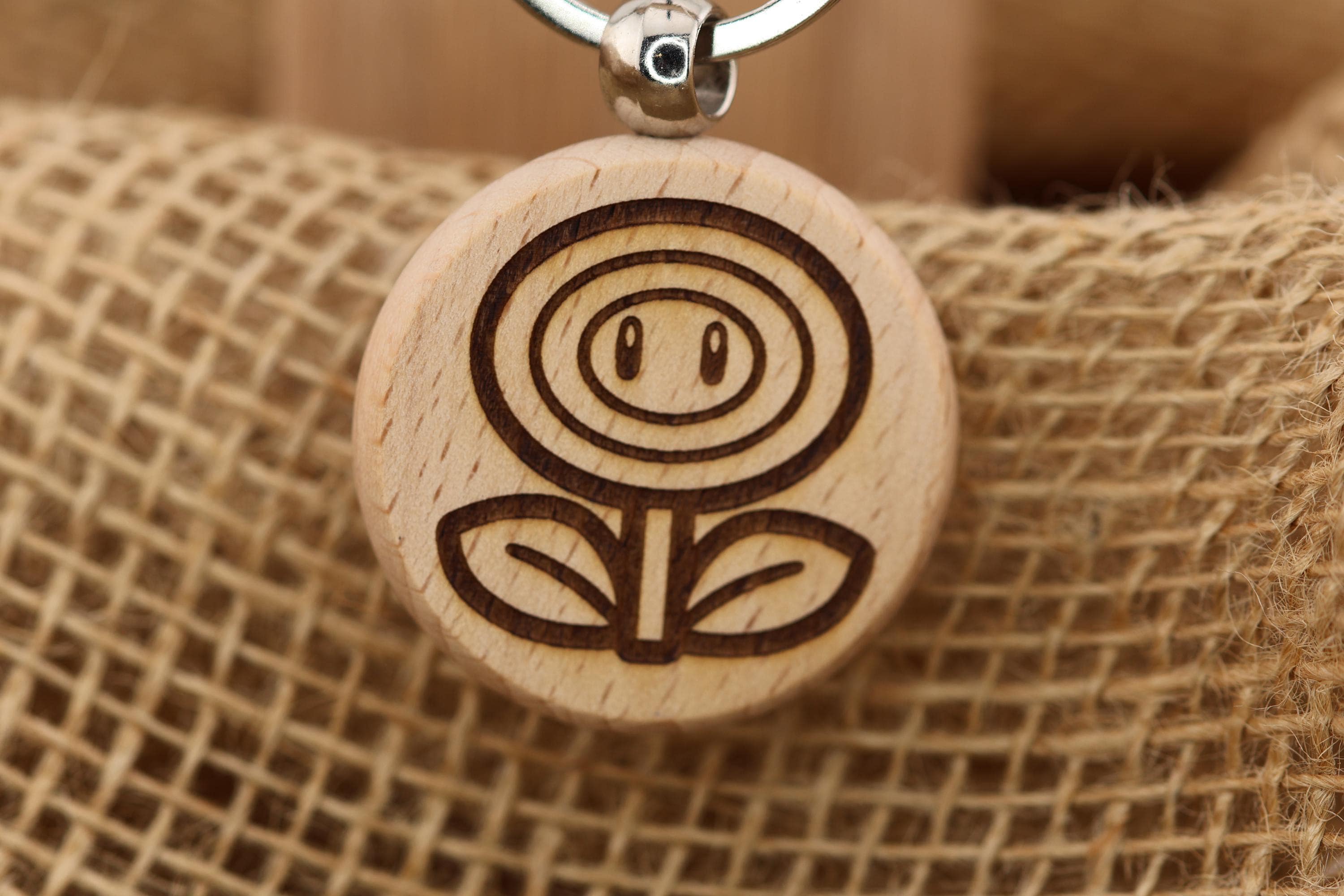 Mario Bros. Firepower Flower keychain / bag charm: laser engraved wood, stainless steel keyring