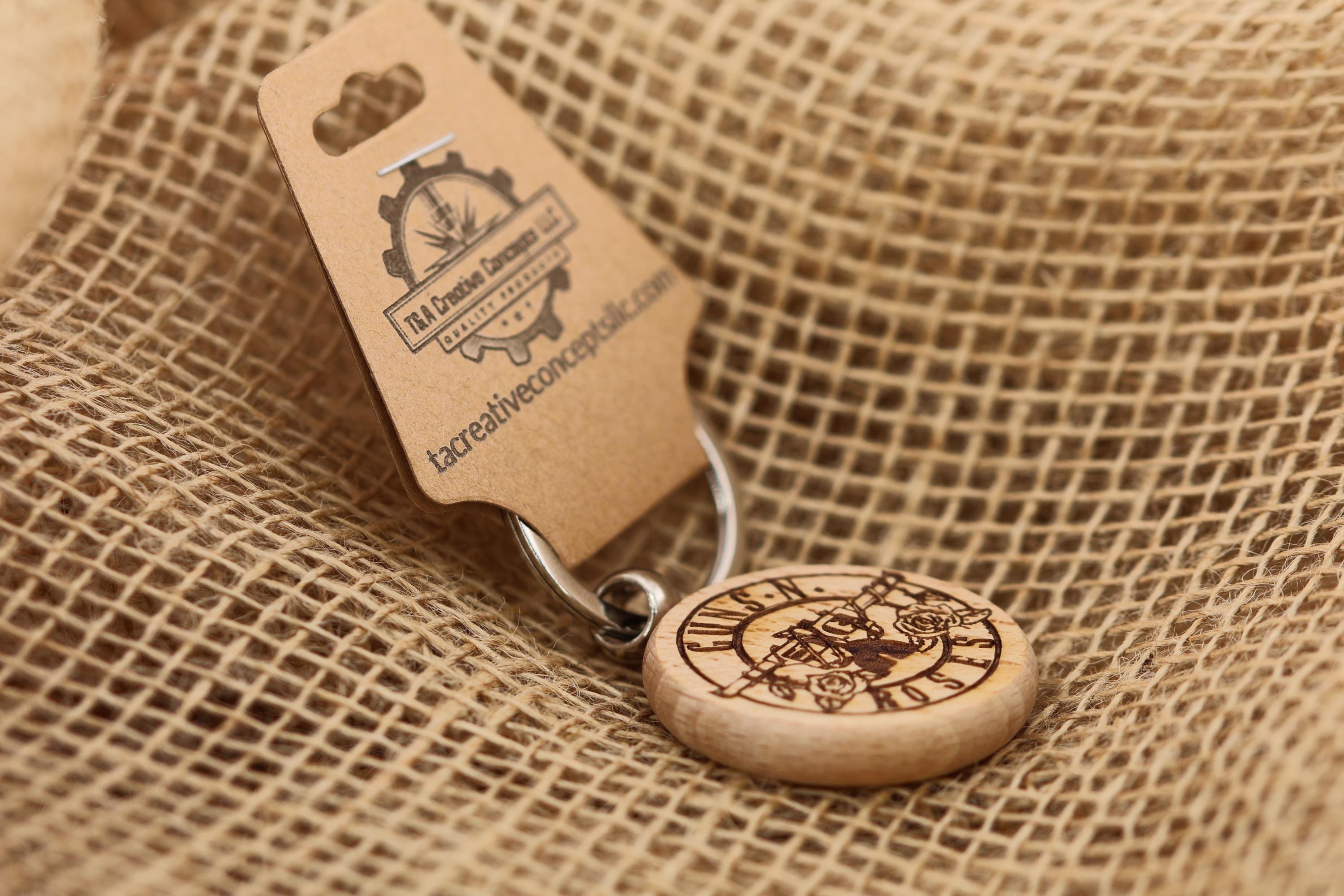 Guns n’ roses keychain / bag charm – double-sided laser engraved wood with stainless steel keyring, rock band fan gift