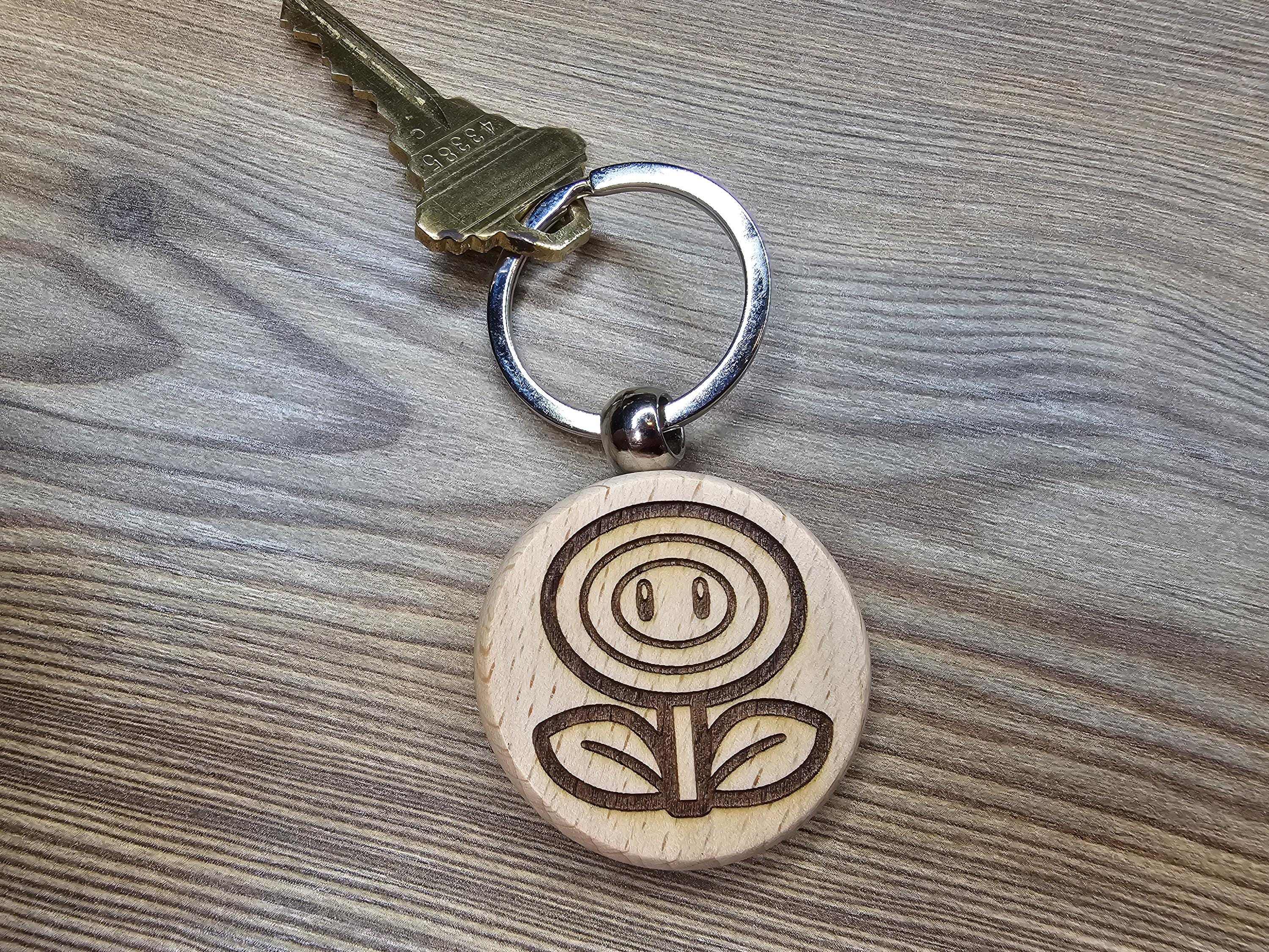 Mario Bros. Firepower Flower keychain / bag charm: laser engraved wood, stainless steel keyring
