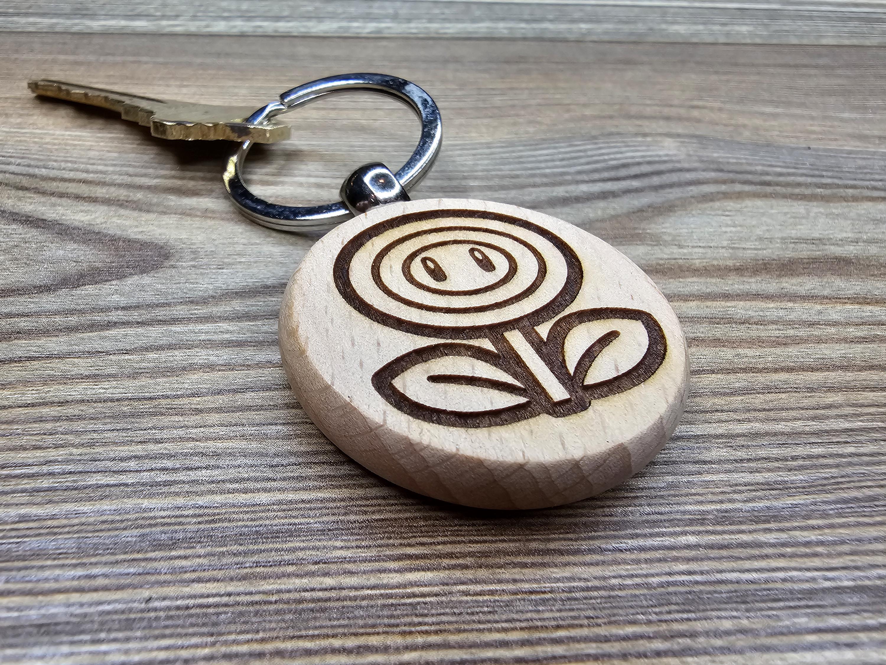 Mario Bros. Firepower Flower keychain / bag charm: laser engraved wood, stainless steel keyring