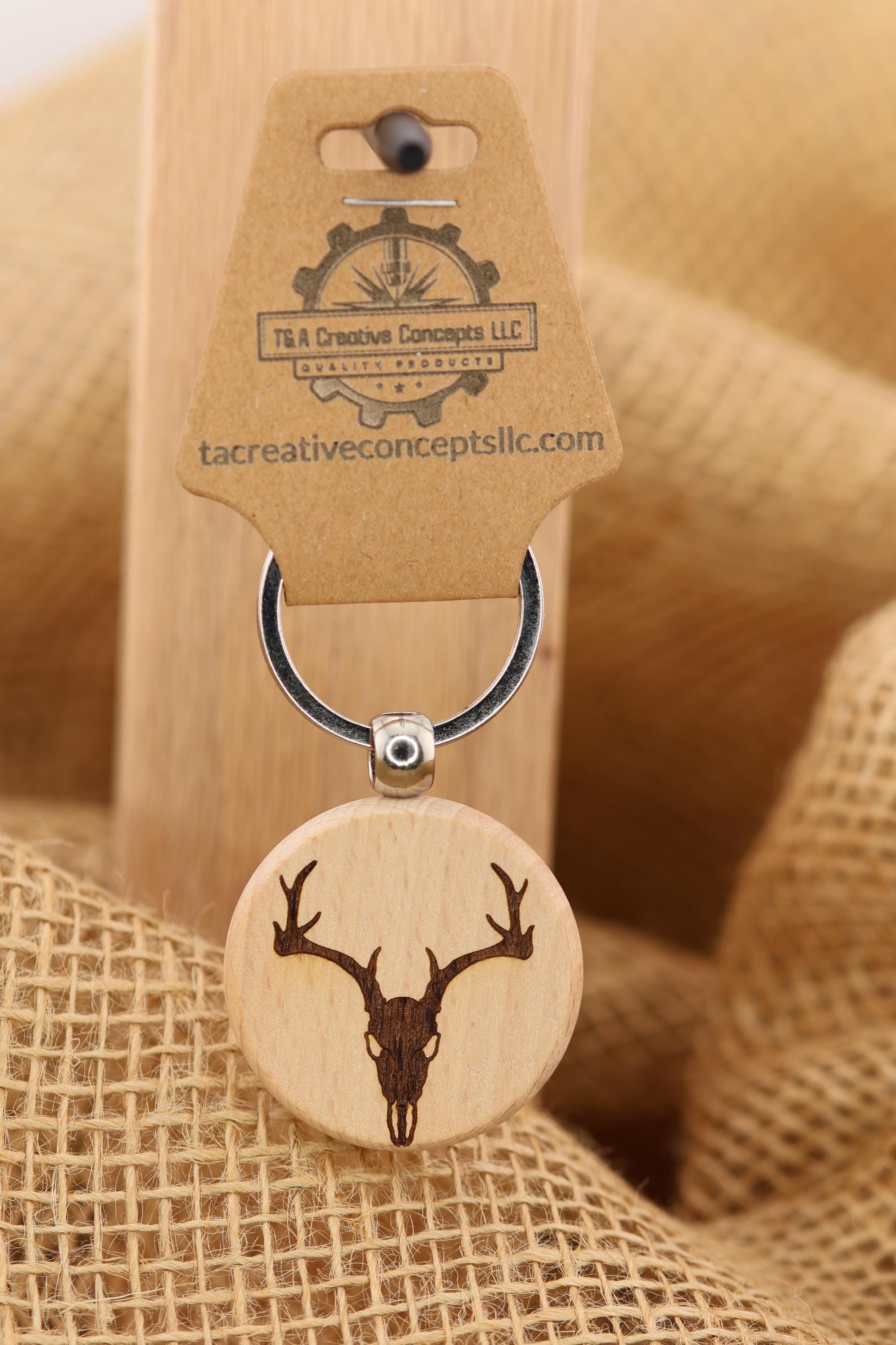 Laser engraved deere skull keychain / bag charm: hardwood, stainless steel keyring