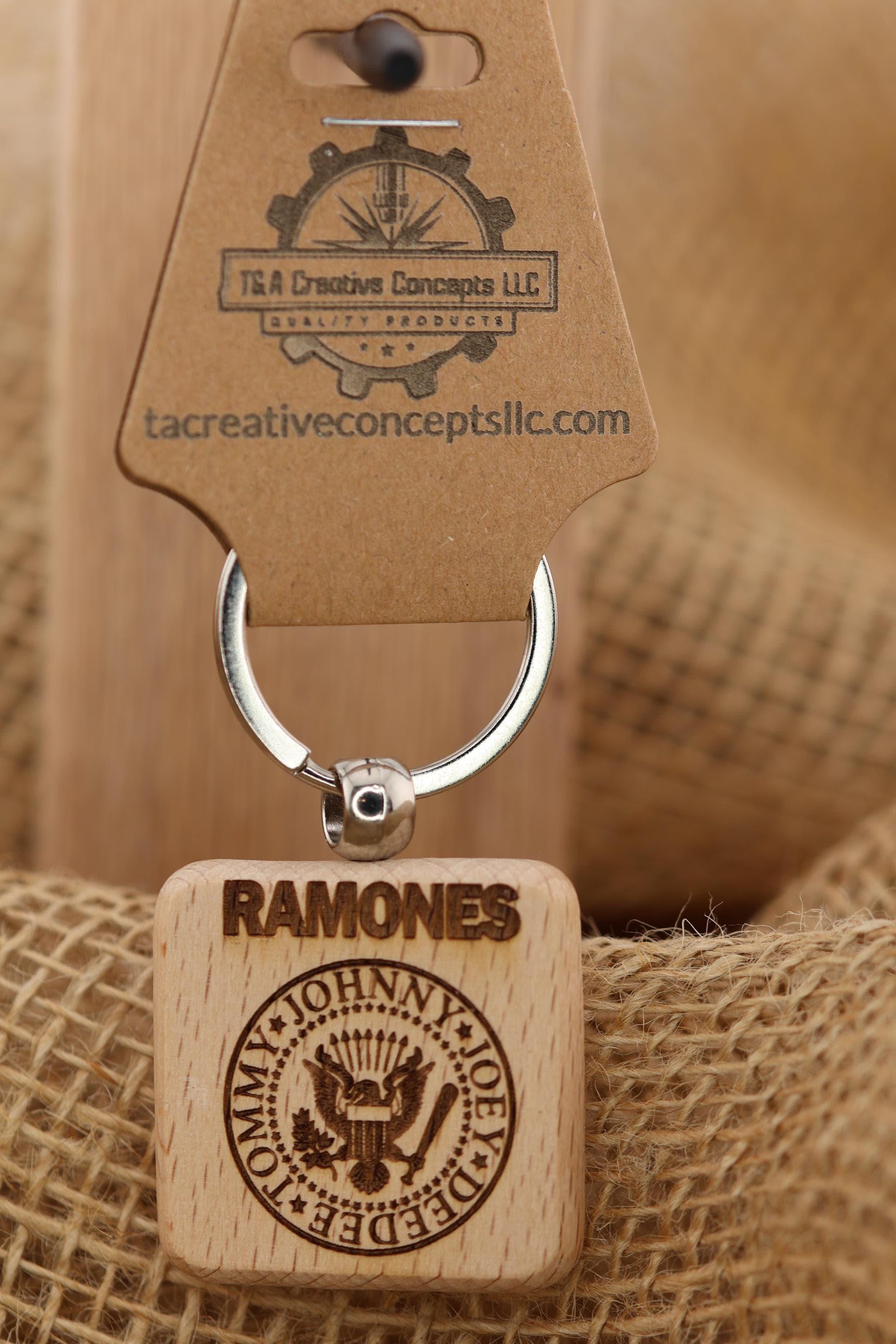 The Ramones keychain / bag charm: laser engraved hardwood, stainless steel keyring
