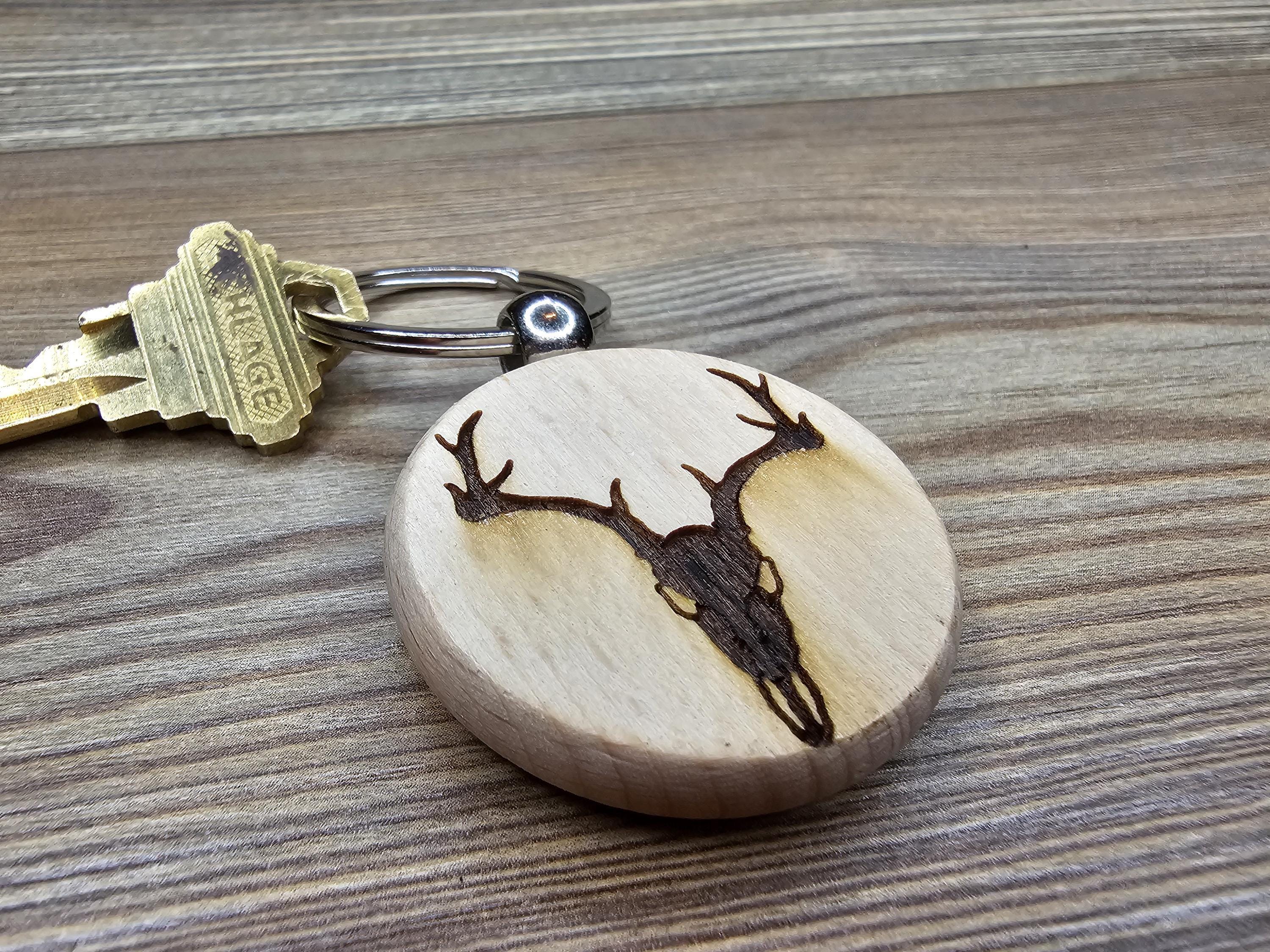 Laser engraved deere skull keychain / bag charm: hardwood, stainless steel keyring