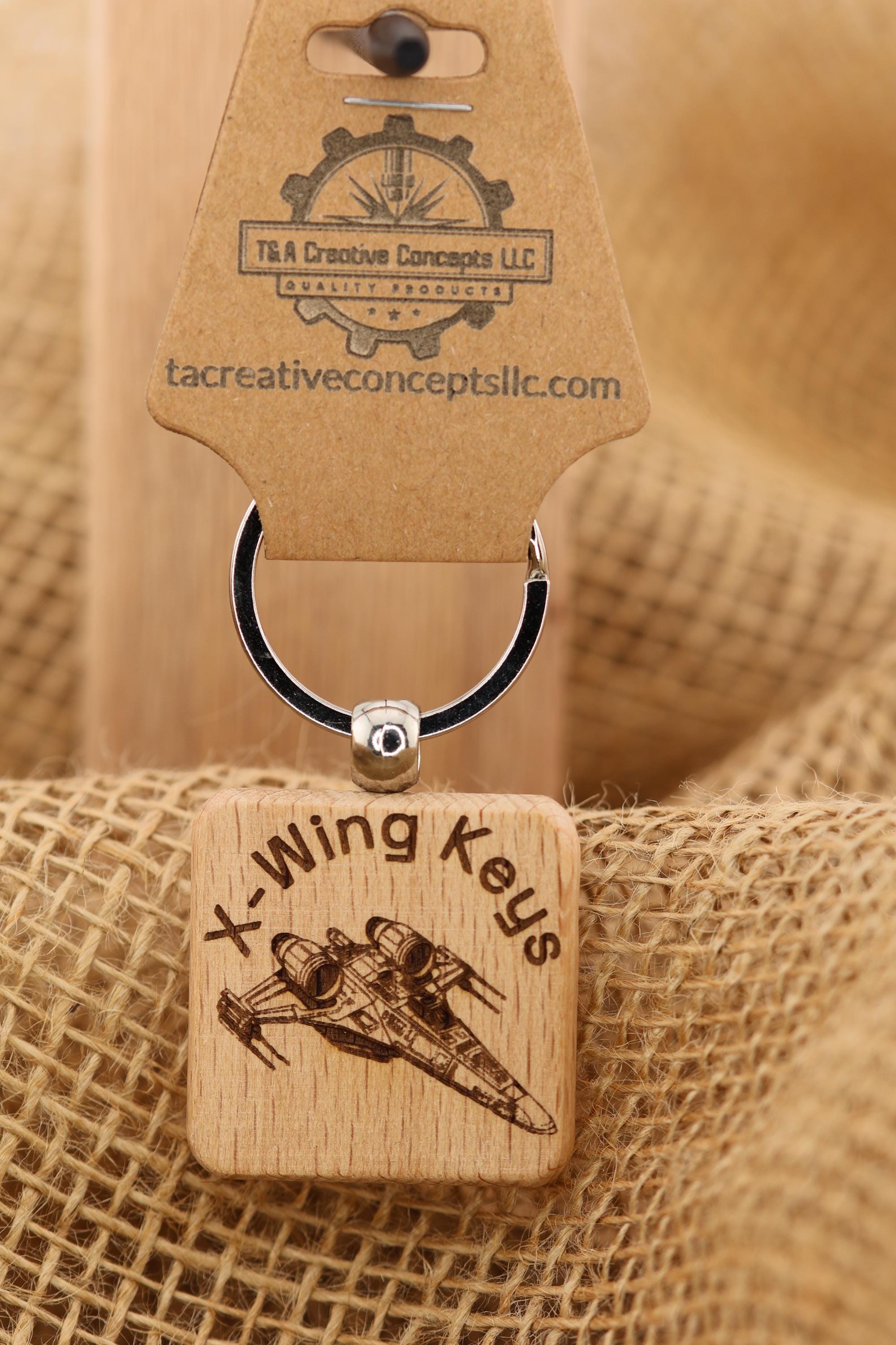 X-wing keychain: laser engraved wood, stainless steel keyring - star wars gift