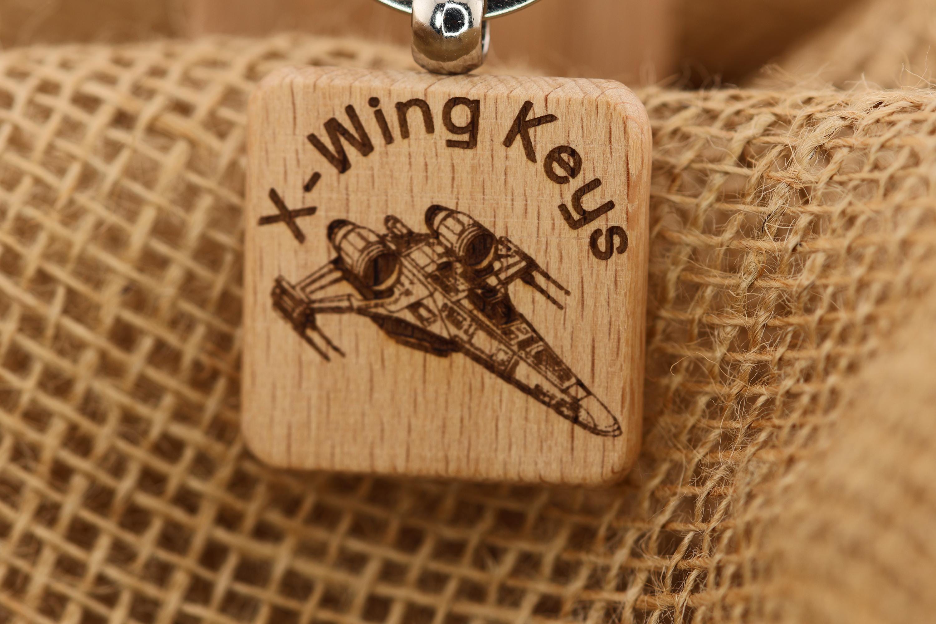 X-wing keychain: laser engraved wood, stainless steel keyring - star wars gift