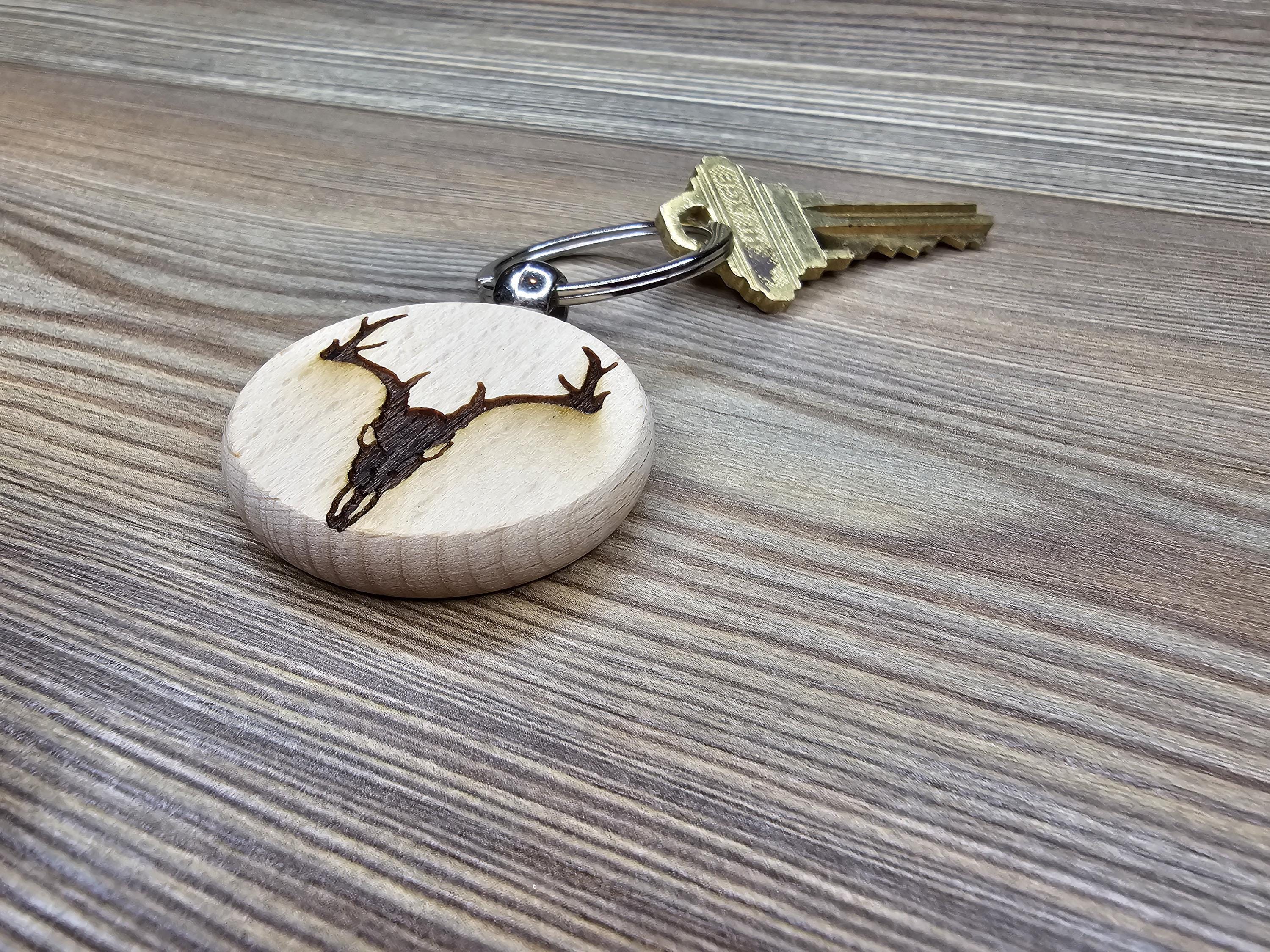 Laser engraved deere skull keychain / bag charm: hardwood, stainless steel keyring