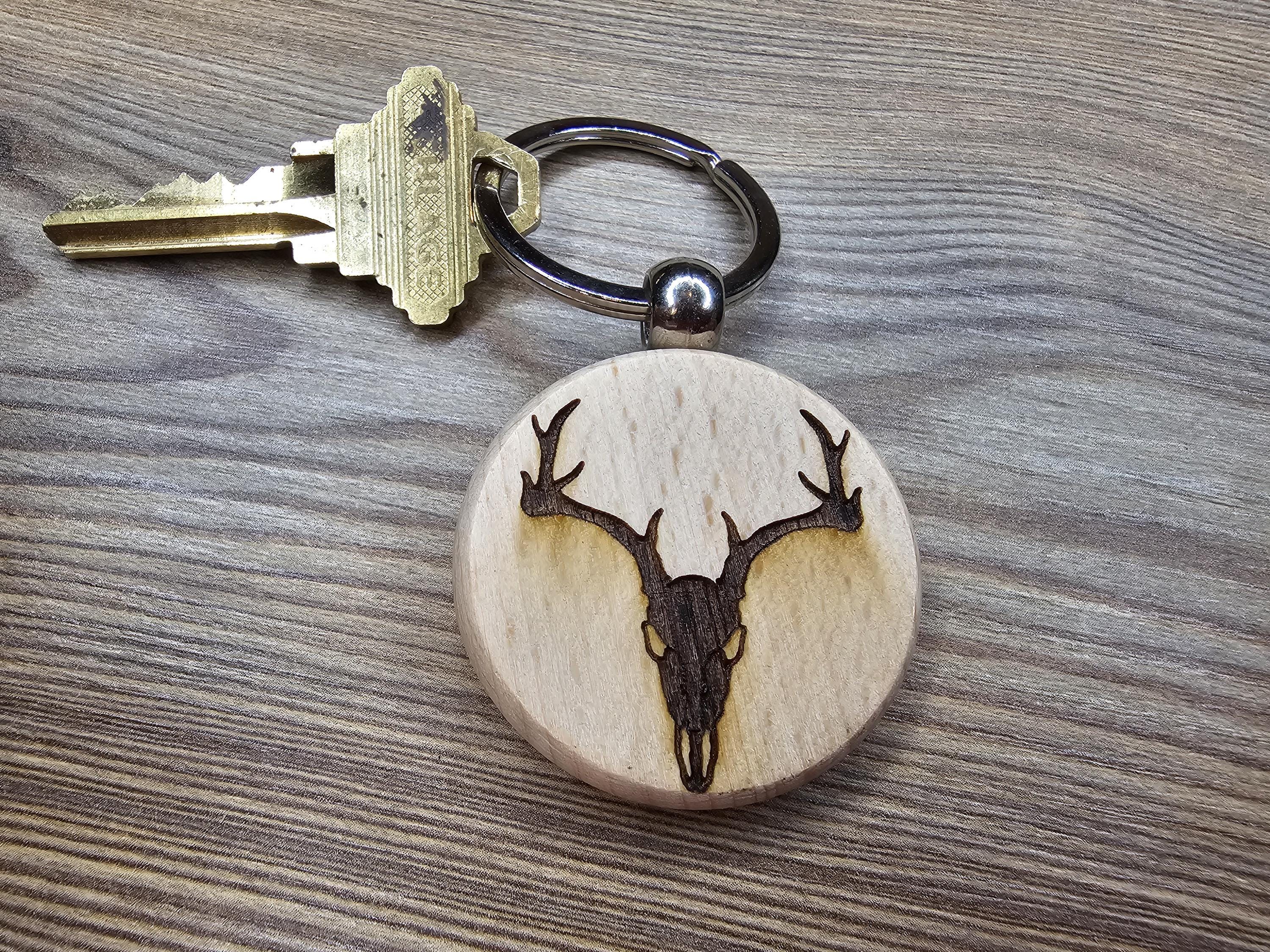 Laser engraved deere skull keychain / bag charm: hardwood, stainless steel keyring