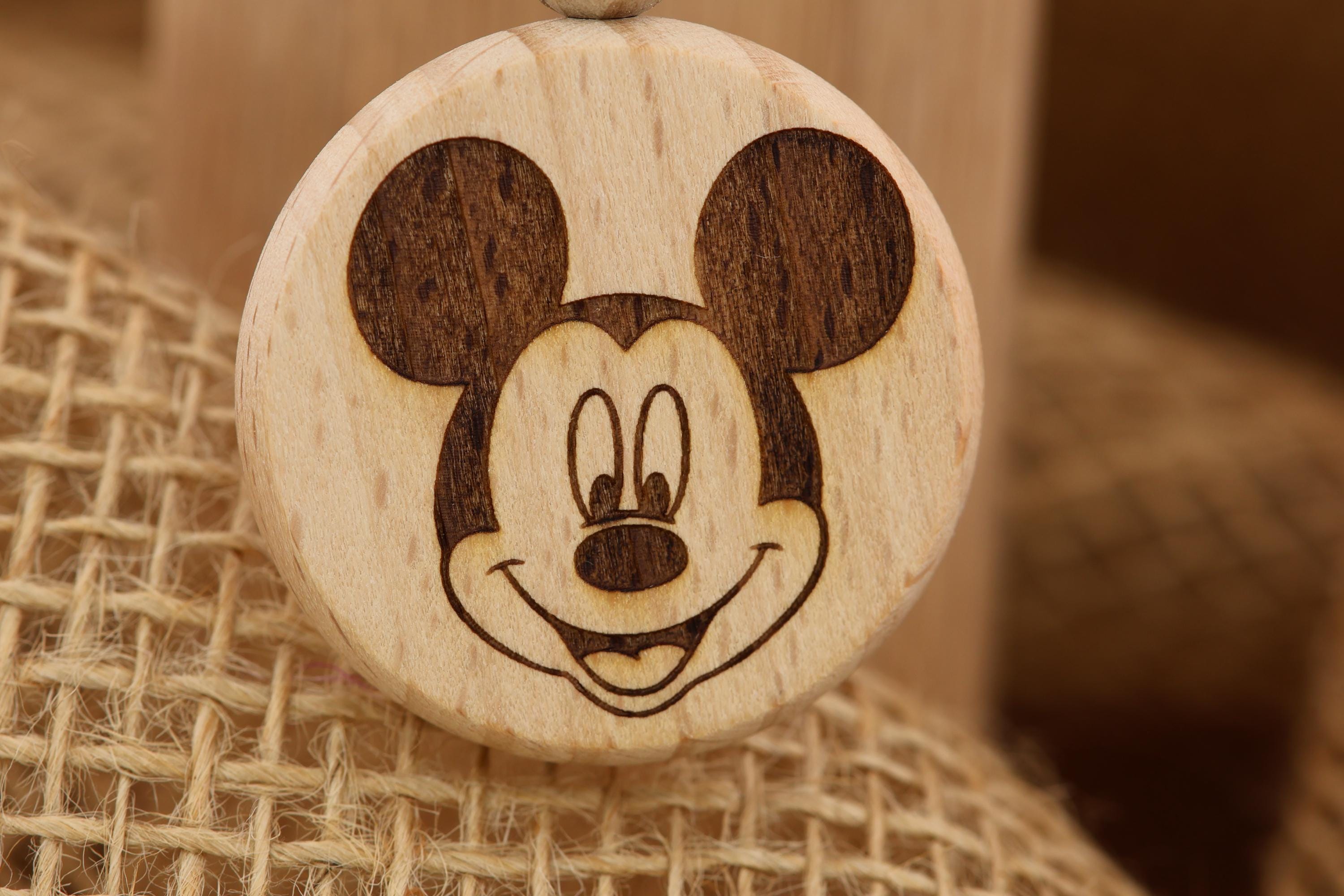 Laser engraved mickey mouse keychain / bag charm: double-sided hardwood, stainless steel keyring