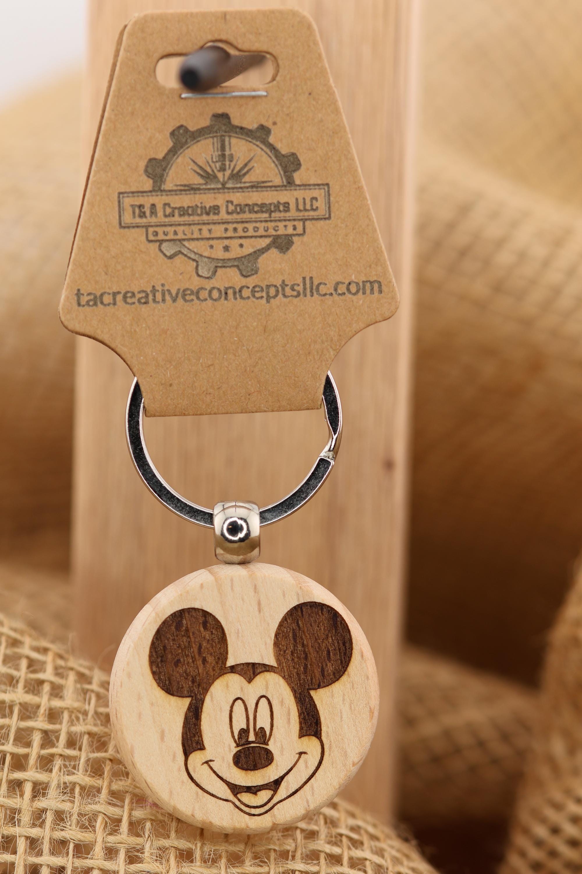 Laser engraved mickey mouse keychain / bag charm: double-sided hardwood, stainless steel keyring
