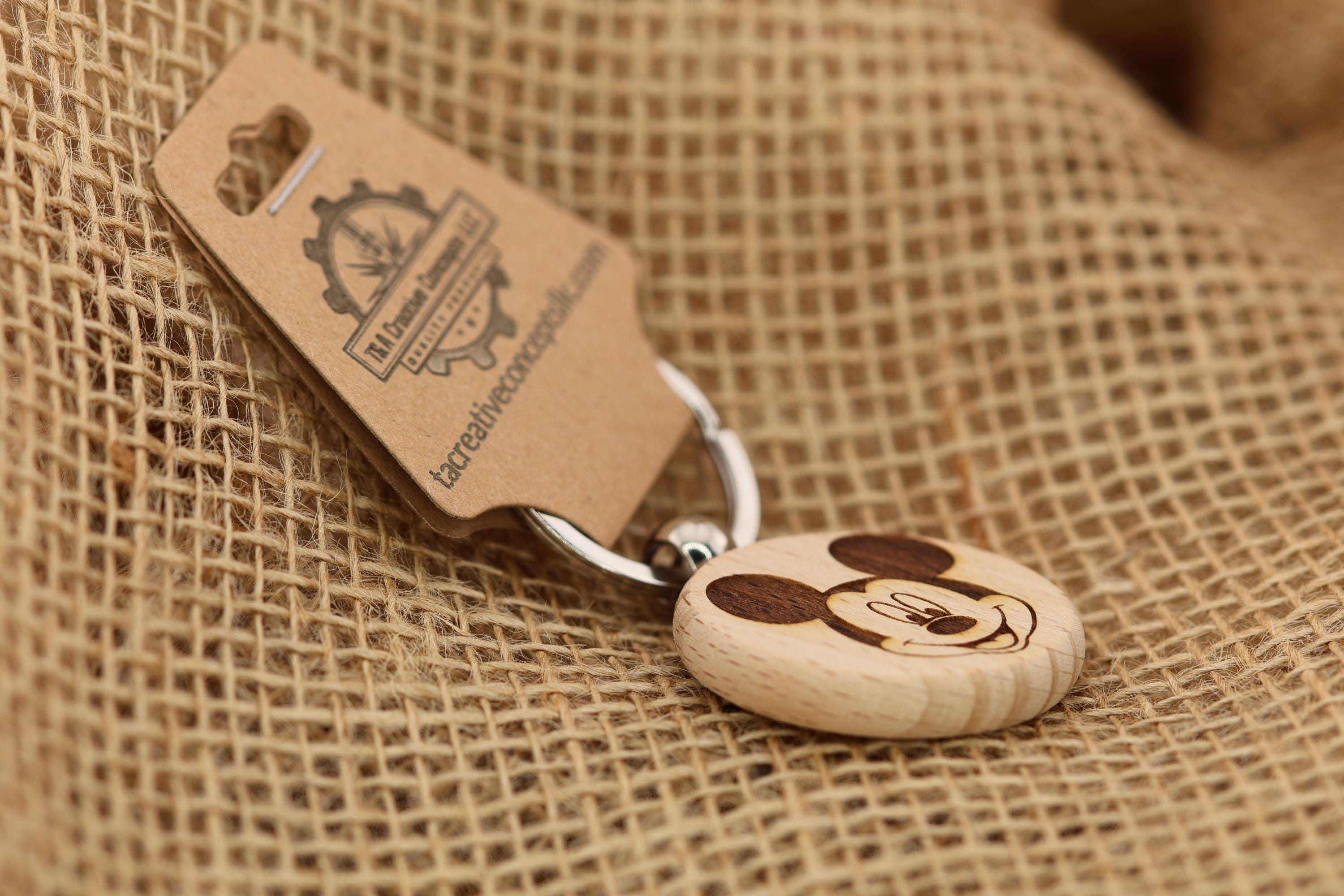 Laser engraved mickey mouse keychain / bag charm: double-sided hardwood, stainless steel keyring