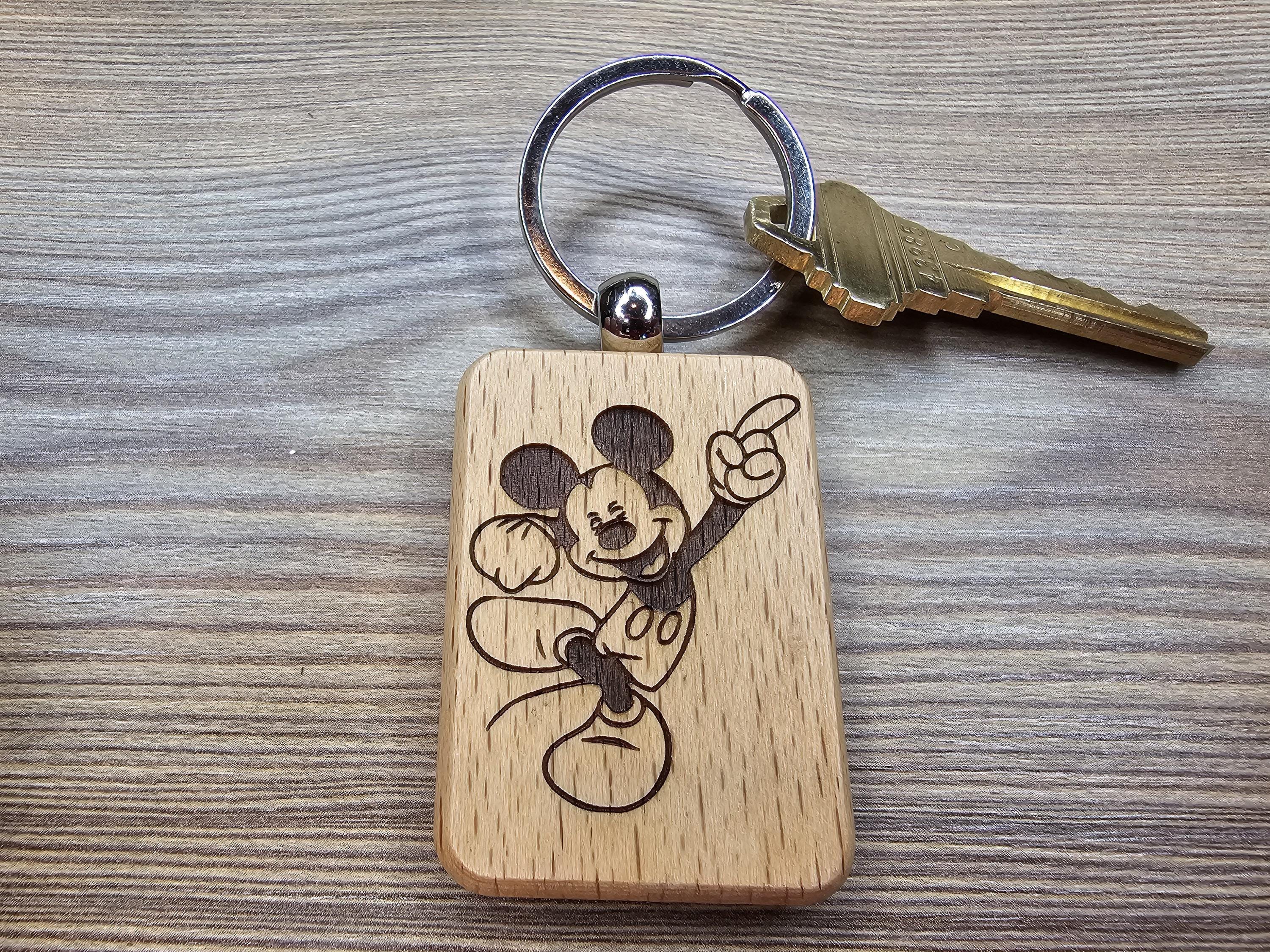 Mickey Mouse keychain / bag charm – double-sided laser engraved wood with stainless steel keyring, disney gift