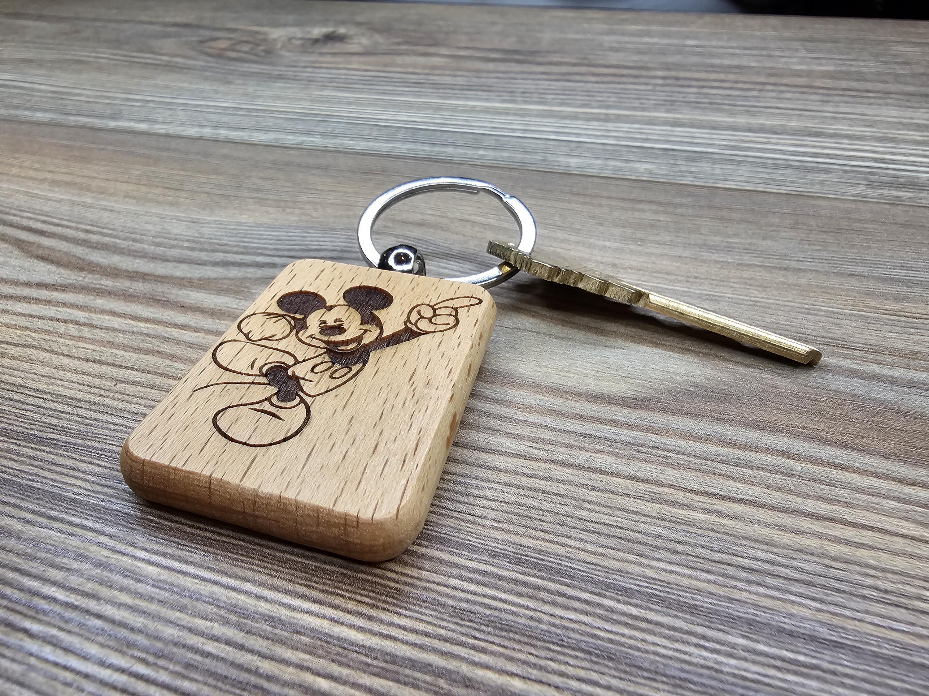 Mickey Mouse keychain / bag charm – double-sided laser engraved wood with stainless steel keyring, disney gift