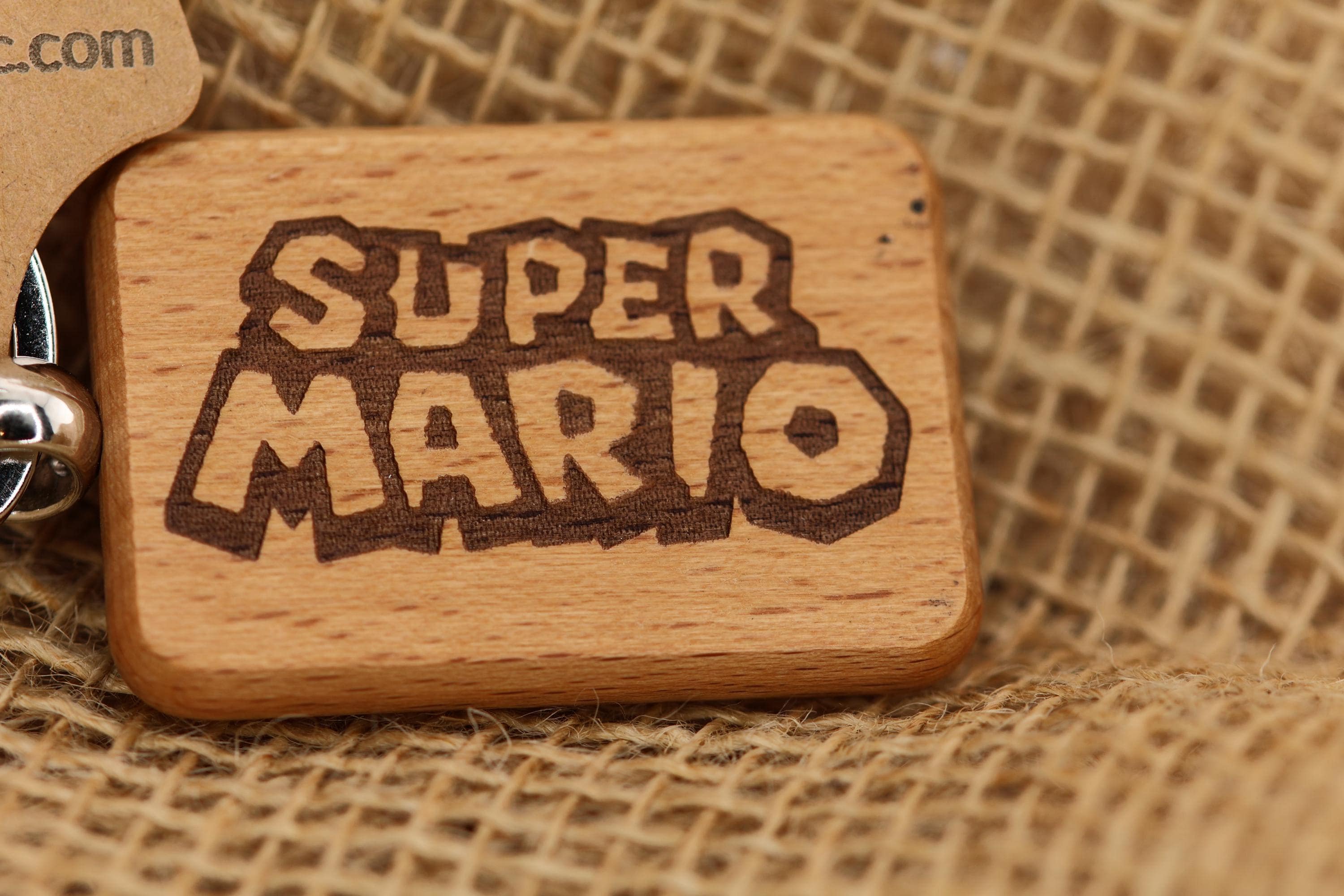 Laser engraved Super Mario keychain / bag charm: hardwood & stainless steel