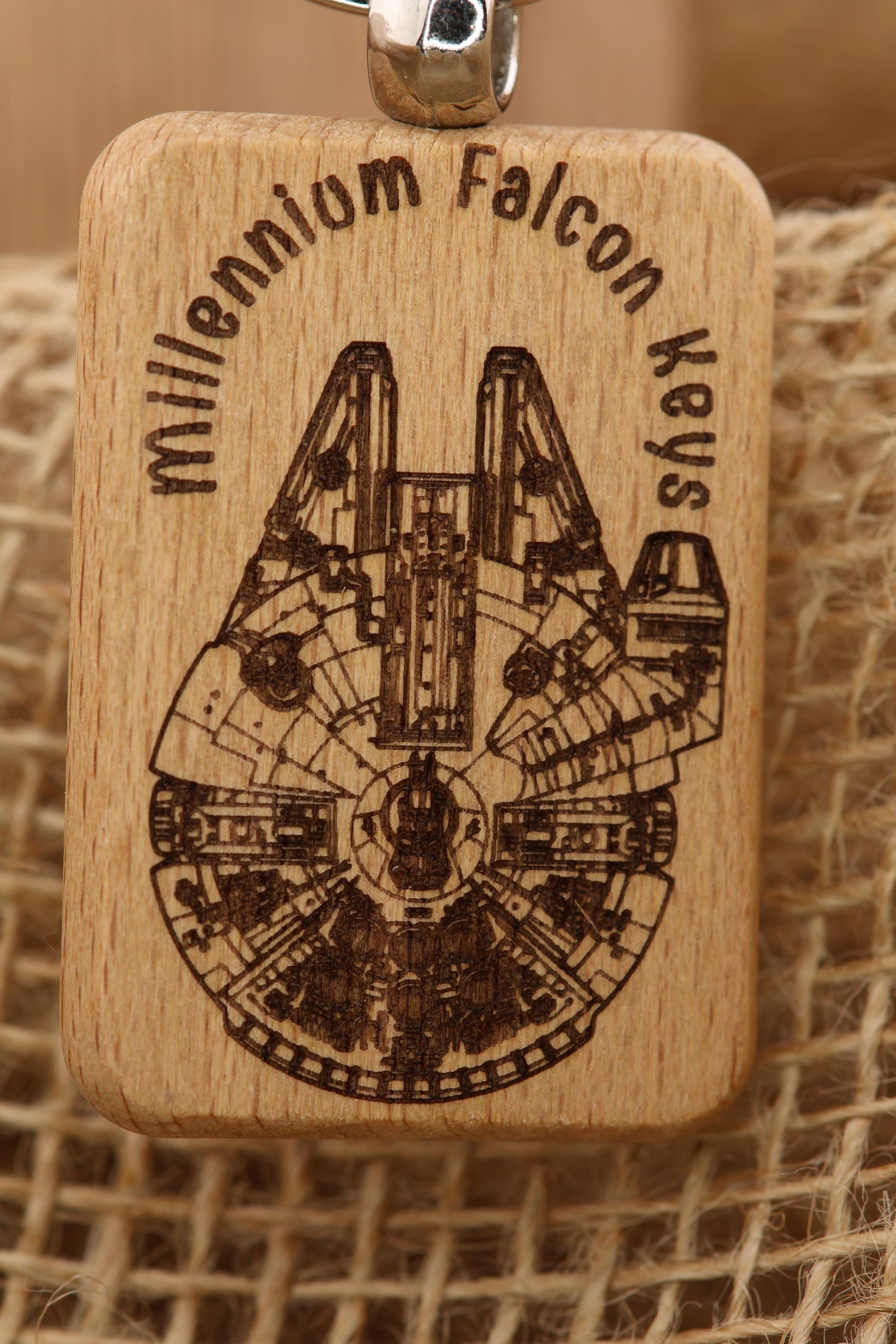 Millennium falcon keychain: laser engraved wood, stainless steel keyring