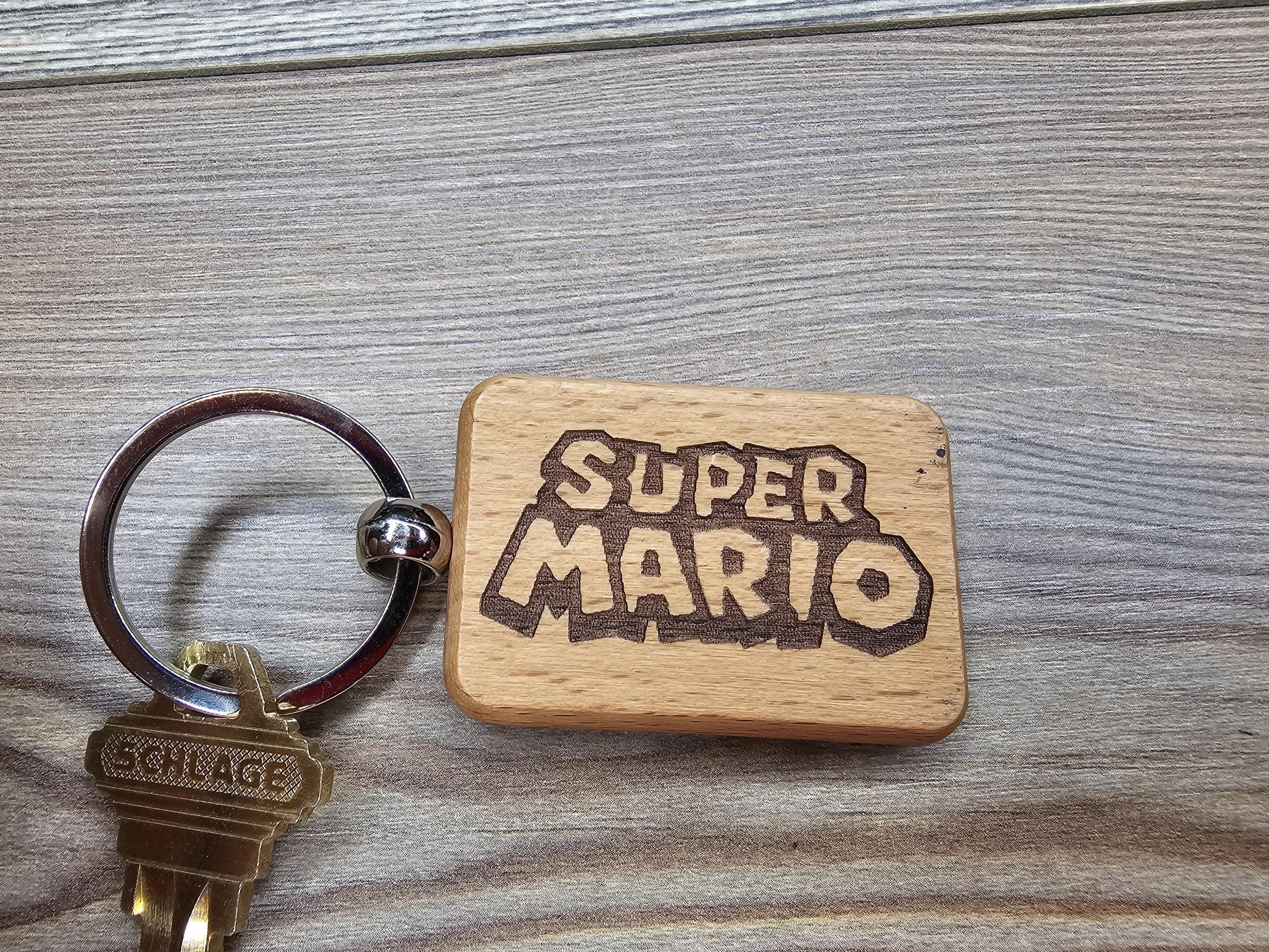 Laser engraved Super Mario keychain / bag charm: hardwood & stainless steel