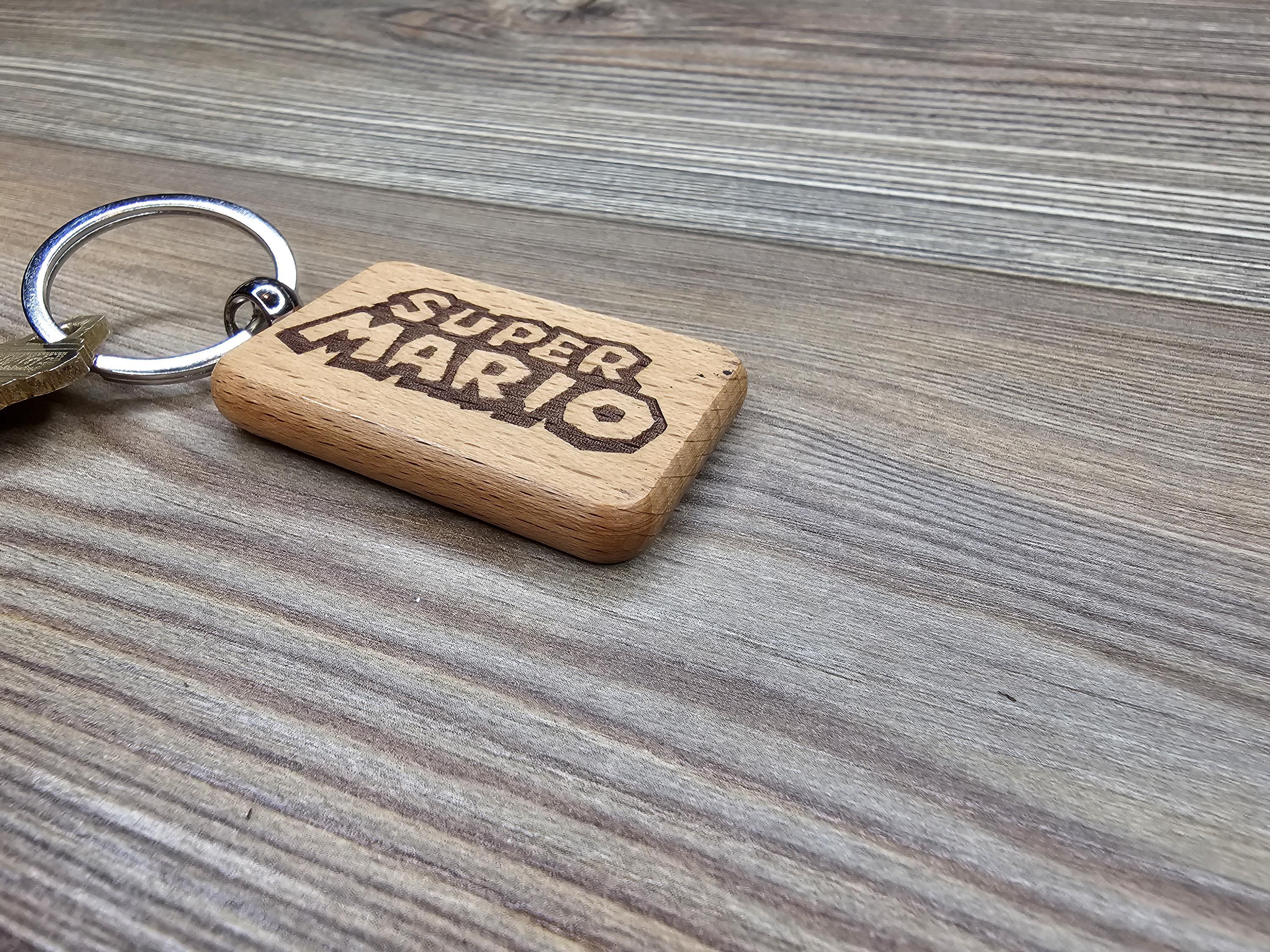 Laser engraved Super Mario keychain / bag charm: hardwood & stainless steel