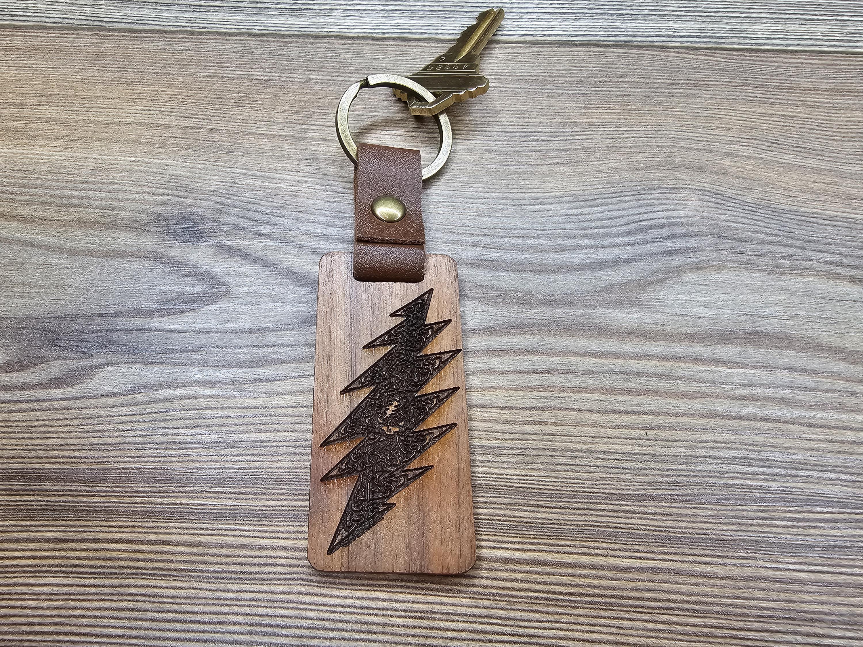 Grateful Dead Celtic Bolt keychain / bag charm – walnut, double-sided laser engraved wood with stainless steel keyring, music gift