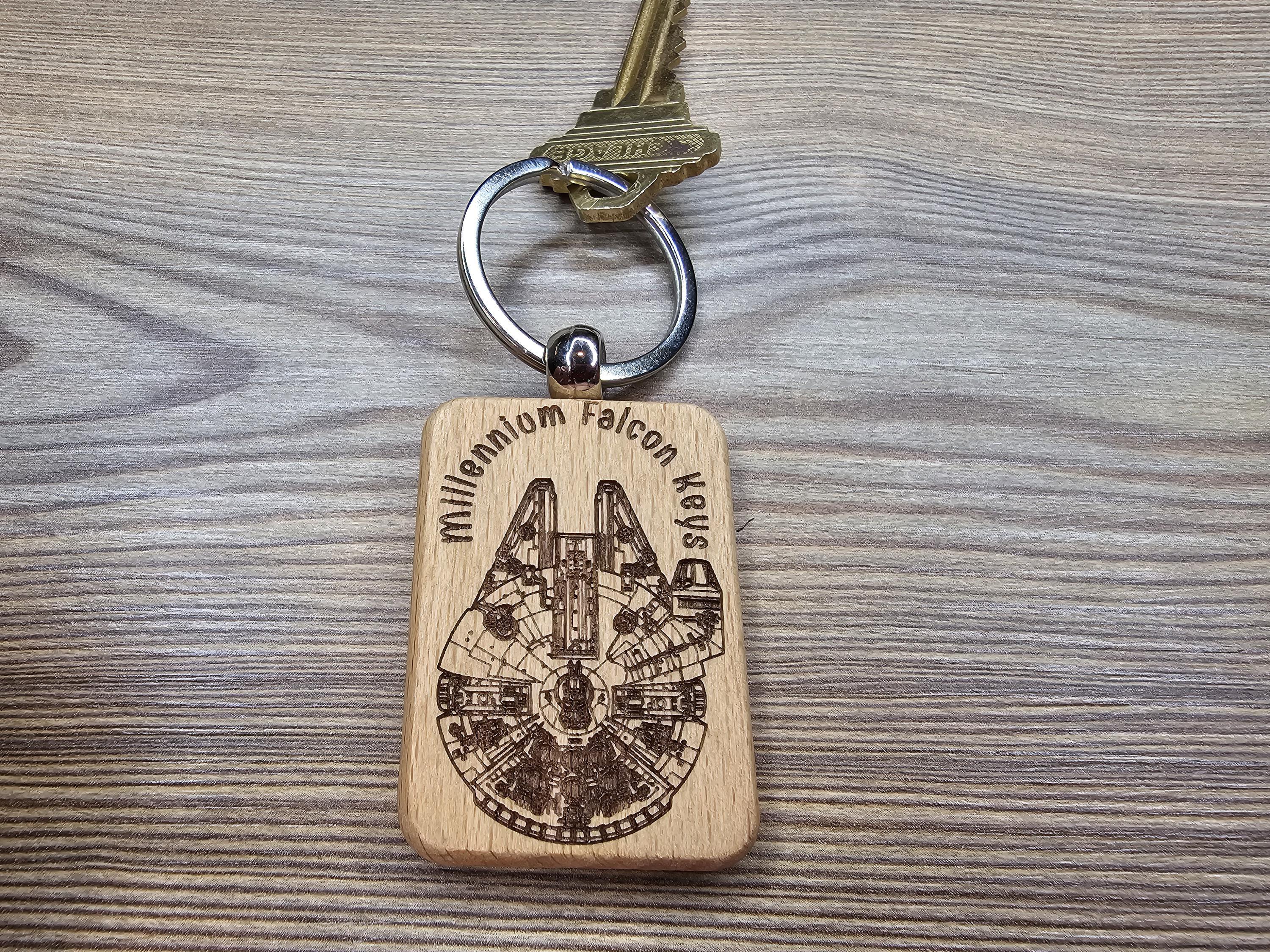 Millennium falcon keychain: laser engraved wood, stainless steel keyring
