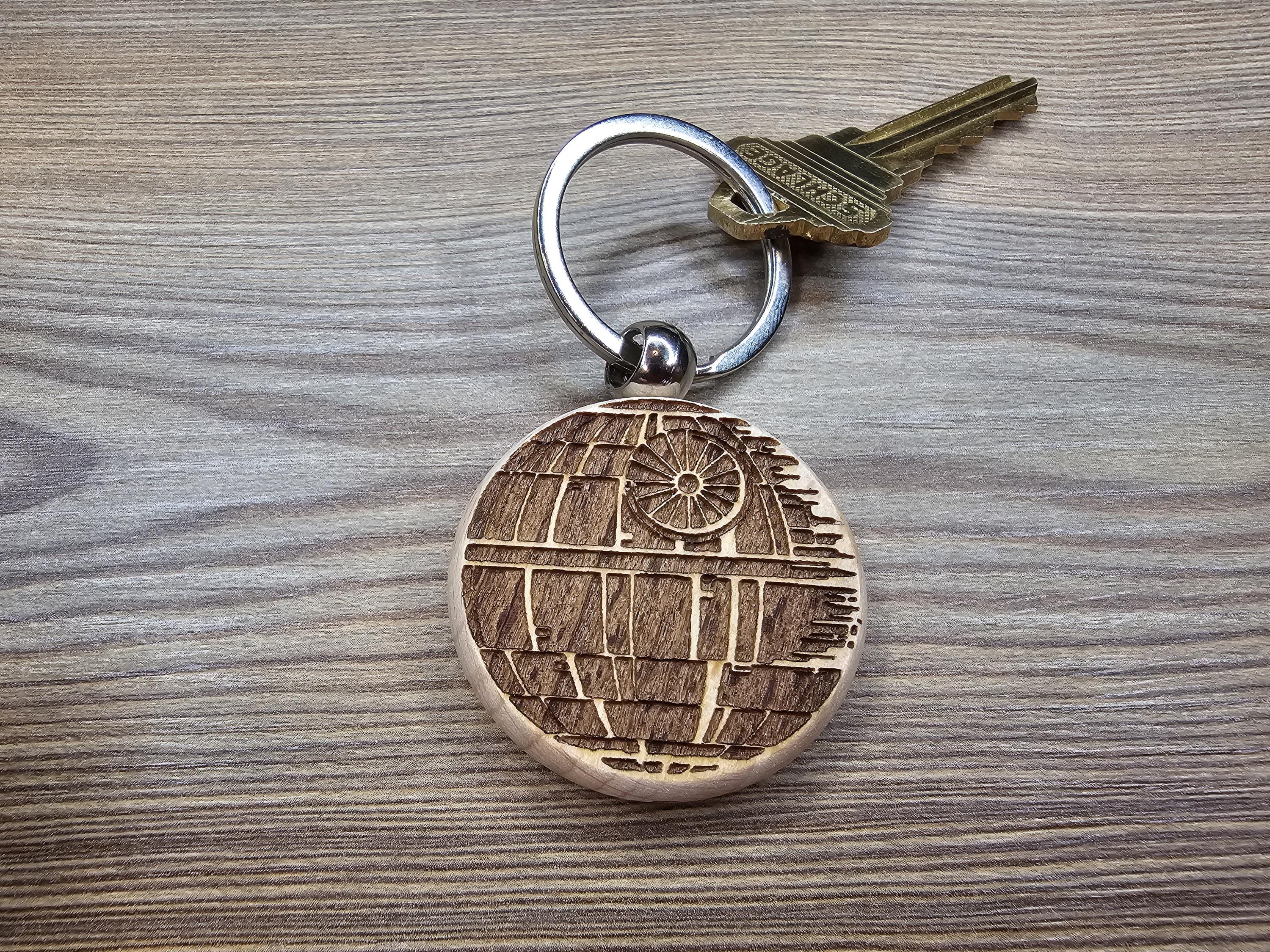 Death star keychain / bag charm – double-sided laser engraved wood with stainless steel keyring, star wars fan gift